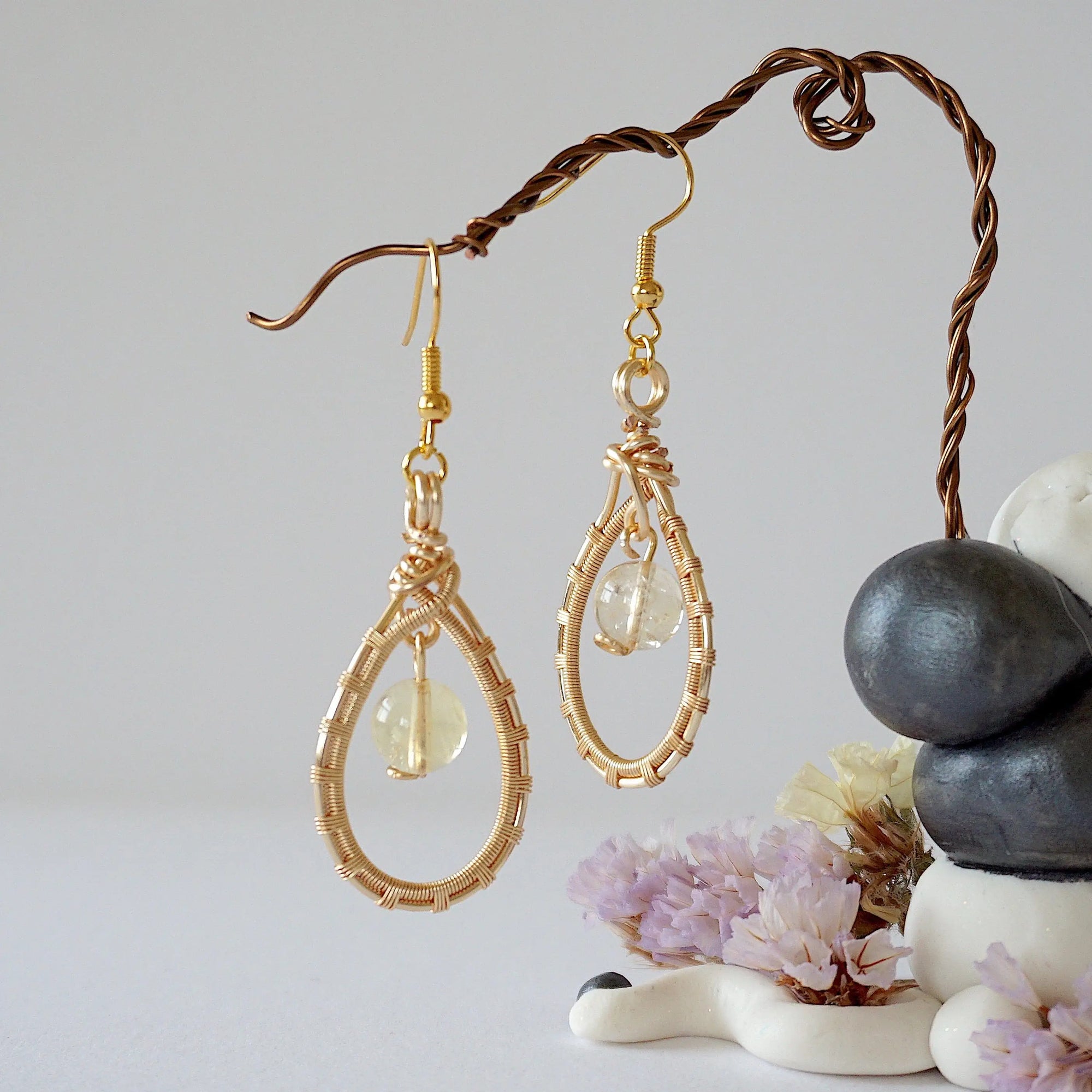 Natural citrine drop earrings in gold plated copper - handmade wire wrapped crystal dangle earrings front view November birthstone jewelry for women