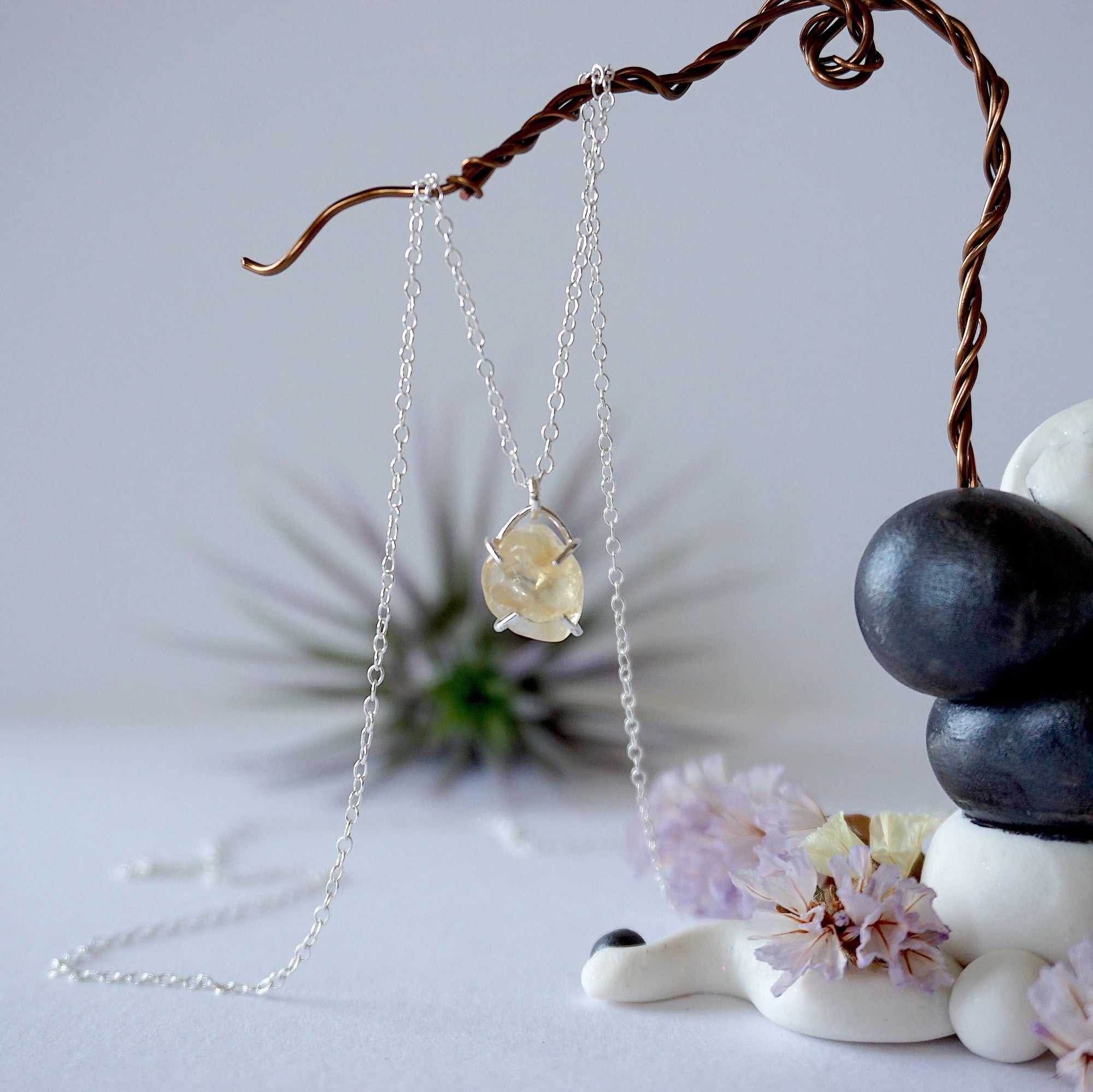 Natural citrine huggie necklace in sterling silver 925 - handmade wire wrapped crystal pendant necklace full view November birthstone jewelry for women