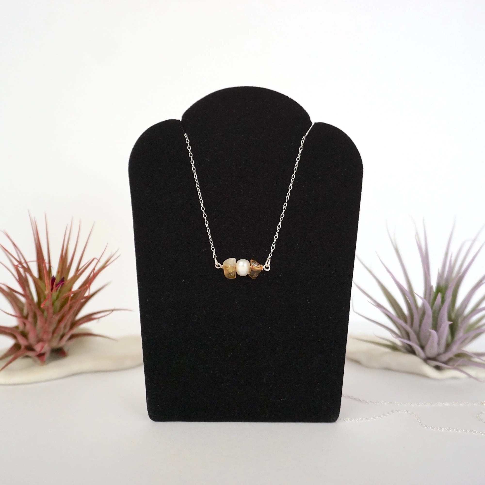 Natural citrine and pearl bar necklace in sterling silver 925 - handmade wire wrapped horizontal crystal pearl pendant full view November June birthstone jewelry