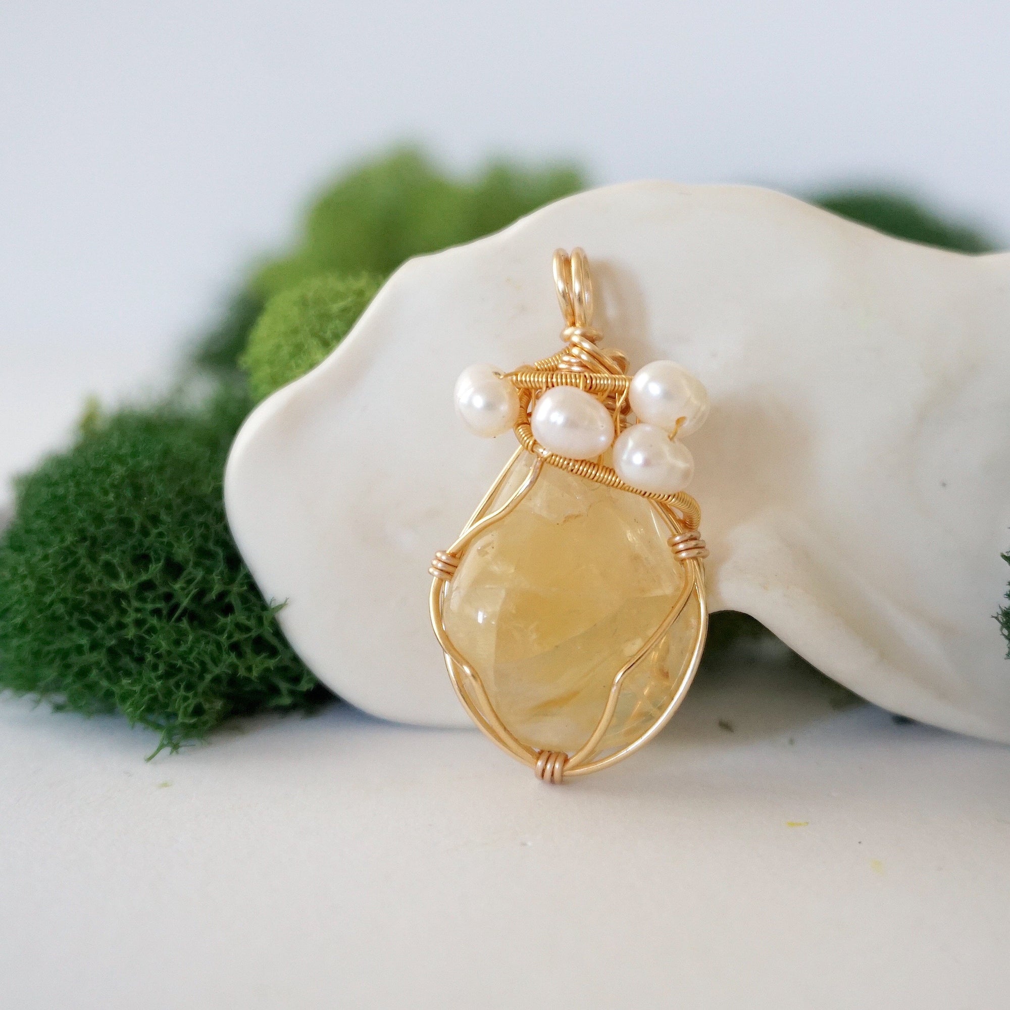 Natural citrine and freshwater pearl necklace front view - handmade wire wrapped crystal pearl pendant in gold plated copper November June birthstone jewelry