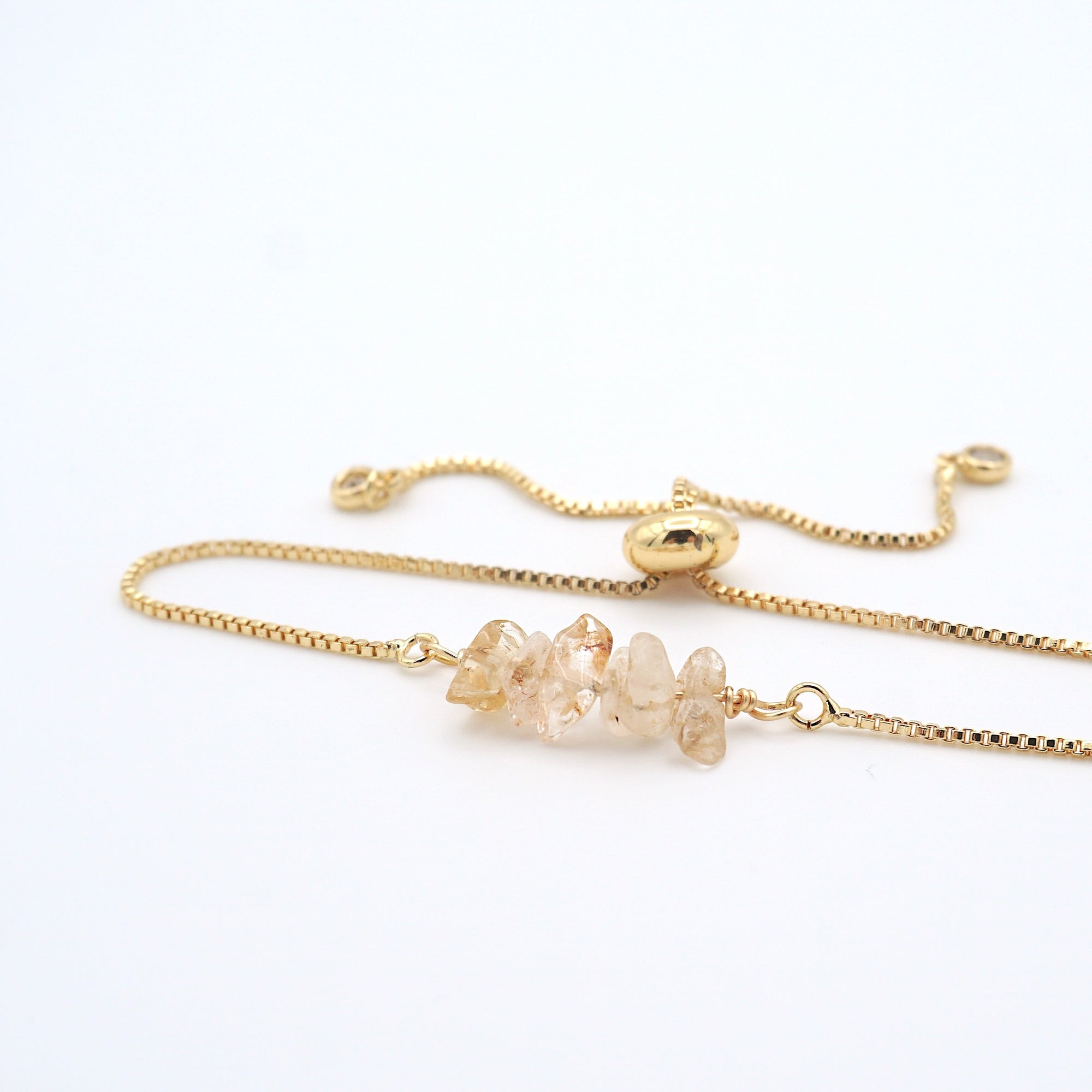 Natural citrine slider bracelet with raw yellow citrine crystals on gold plated brass adjustable chain - November birthstone jewelry for women