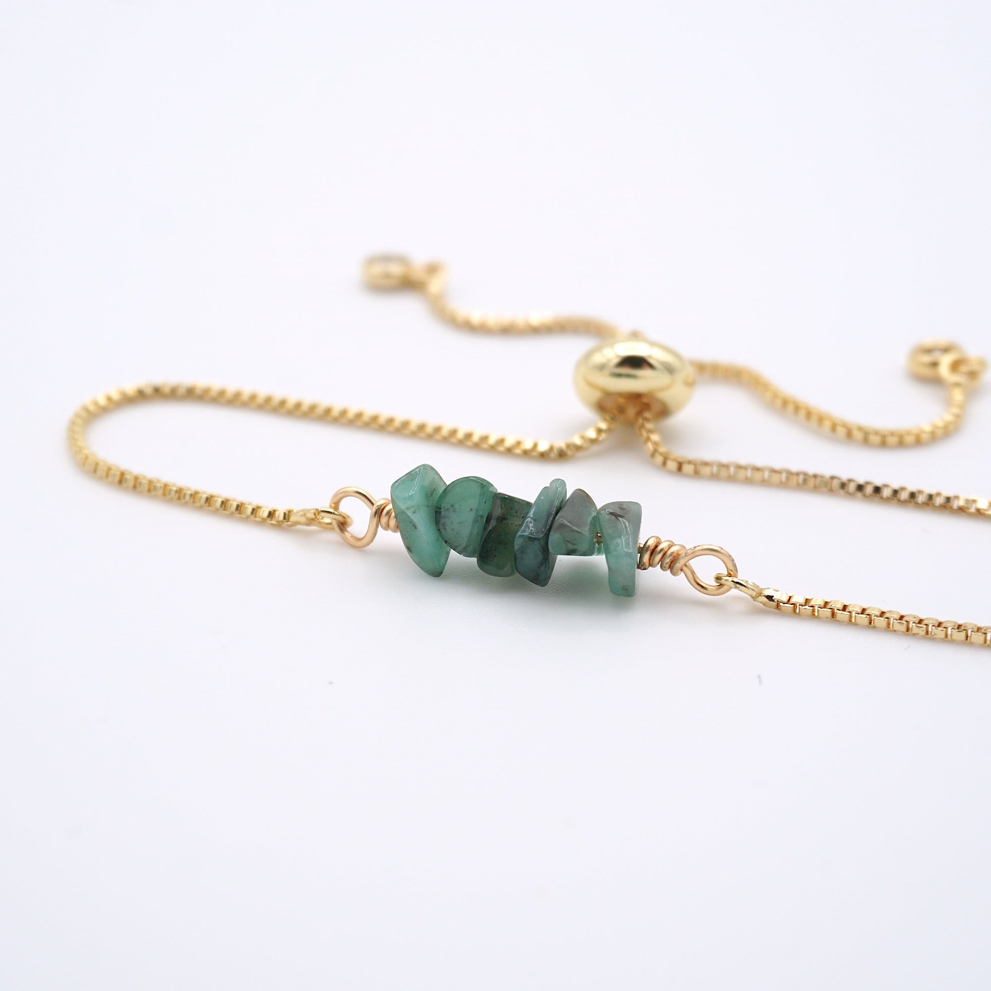 Natural emerald slider bracelet with raw green emerald crystals on gold plated brass adjustable chain - May birthstone jewelry for women