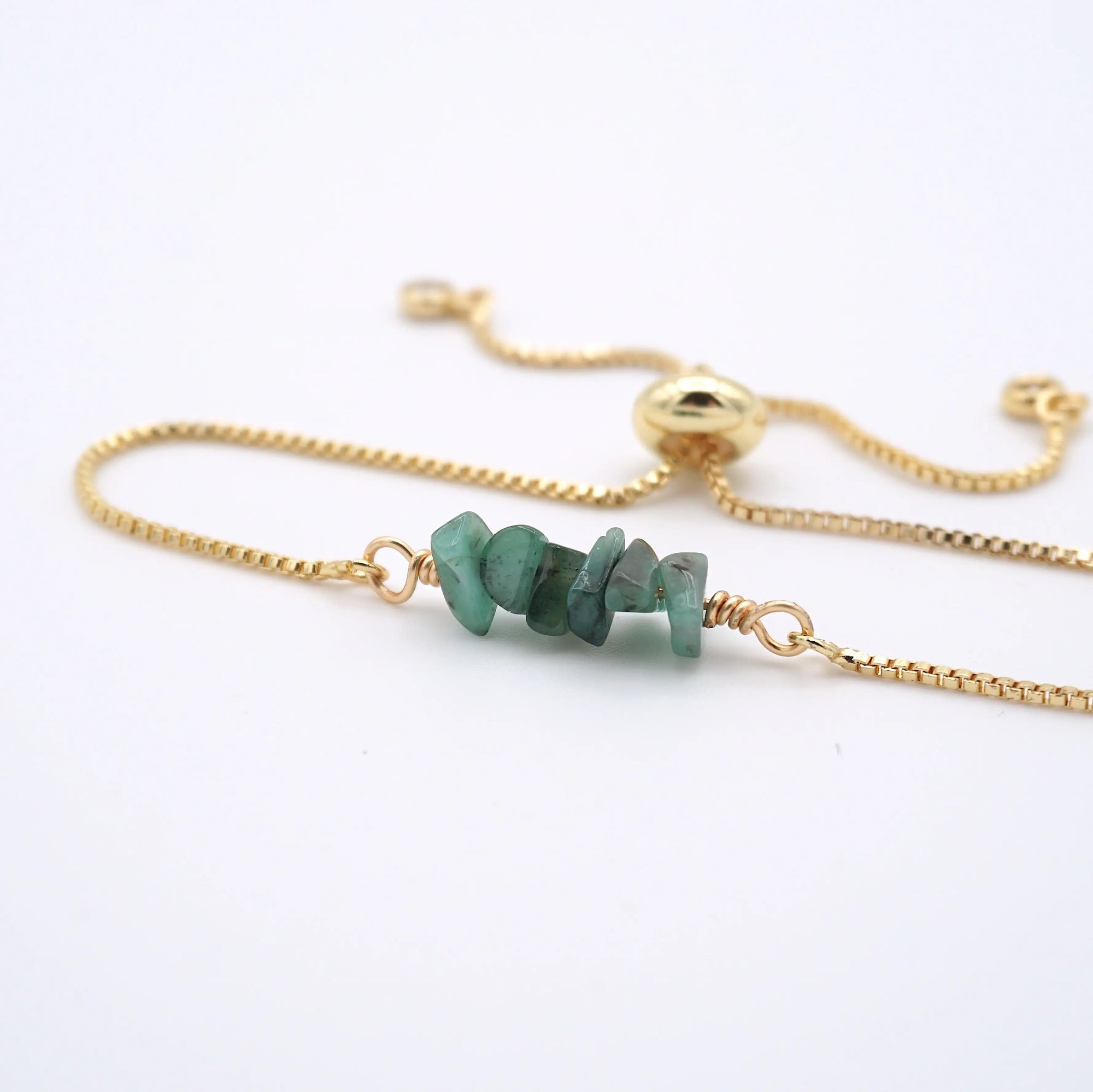 Natural emerald slider bracelet with raw green emerald crystals on gold plated brass adjustable chain - May birthstone jewelry for women