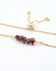 Natural garnet slider bracelet with raw red garnet crystals on gold plated brass adjustable chain - January birthstone jewelry for women