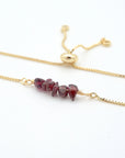Natural garnet slider bracelet with raw red garnet crystals on gold plated brass adjustable chain - January birthstone jewelry for women
