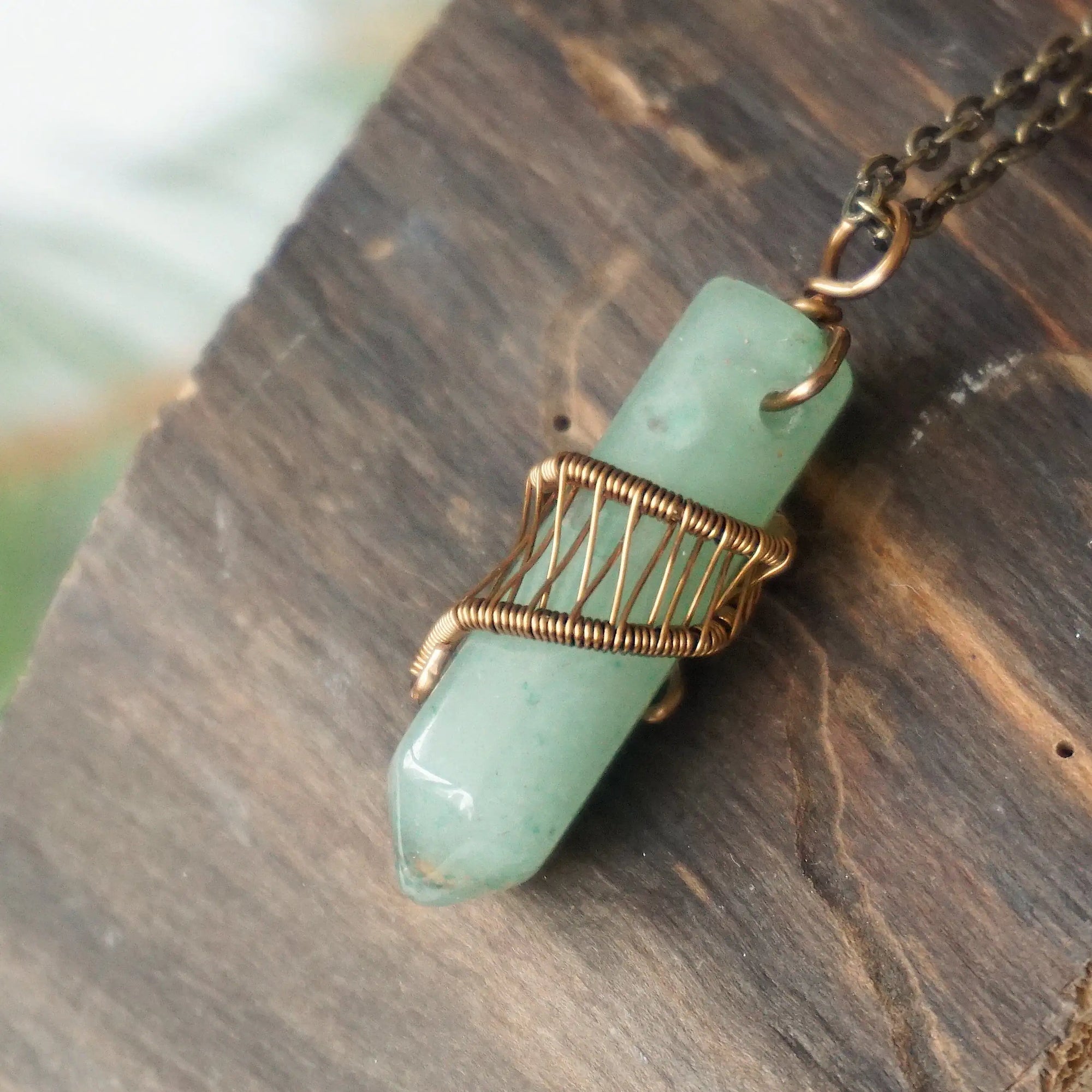 Natural Green Aventurine Antique Bronze Crystal Pendant Necklace Hexagonal Designs by Nature Gems