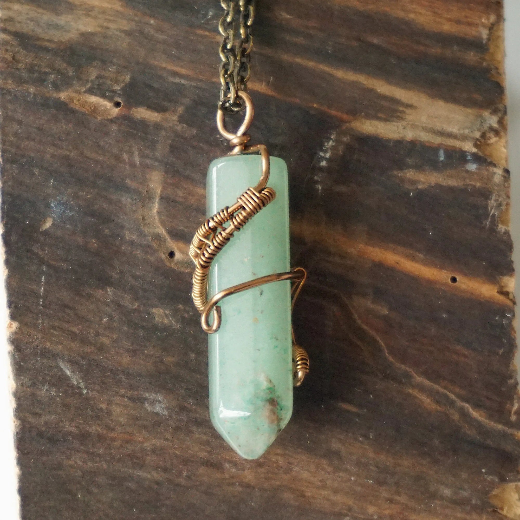Natural Green Aventurine Antique Bronze Crystal Pendant Necklace Hexagonal Designs by Nature Gems