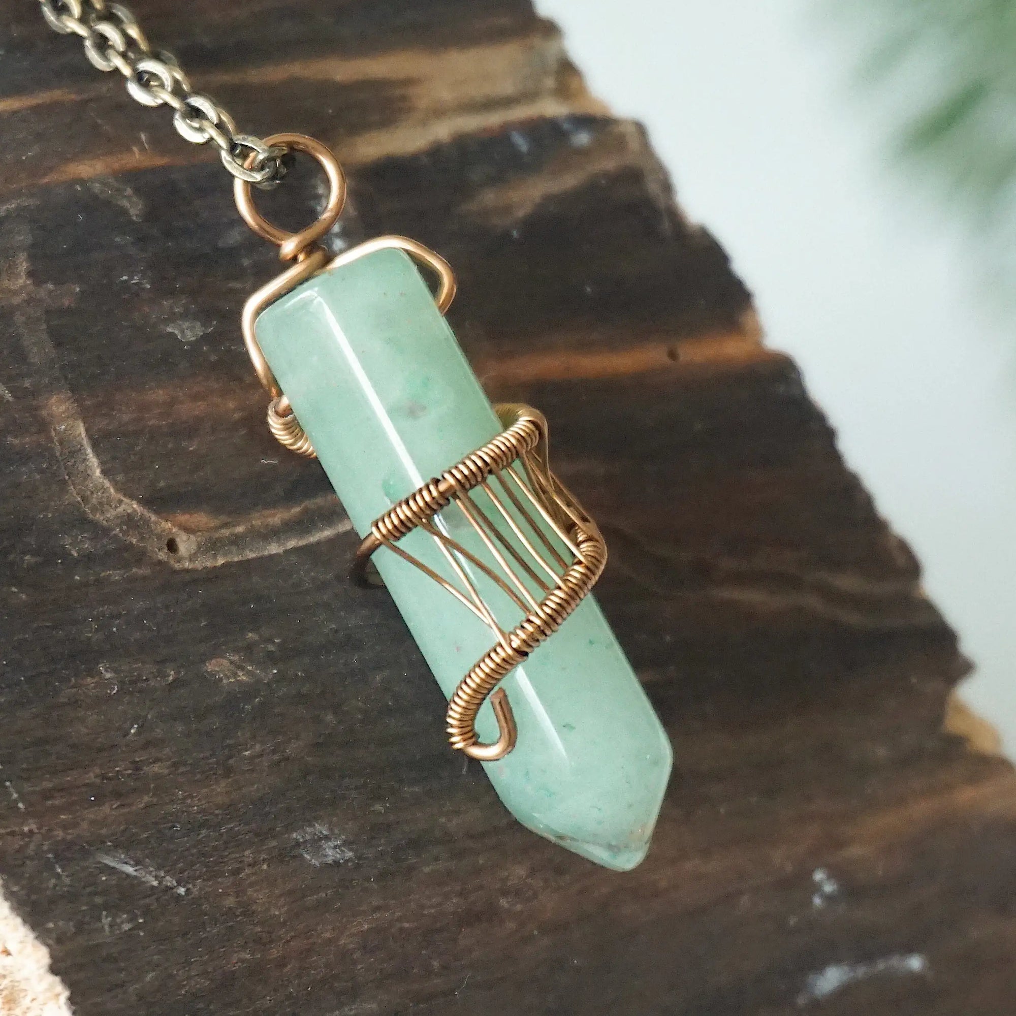 Natural Green Aventurine Antique Bronze Crystal Pendant Necklace Hexagonal Designs by Nature Gems