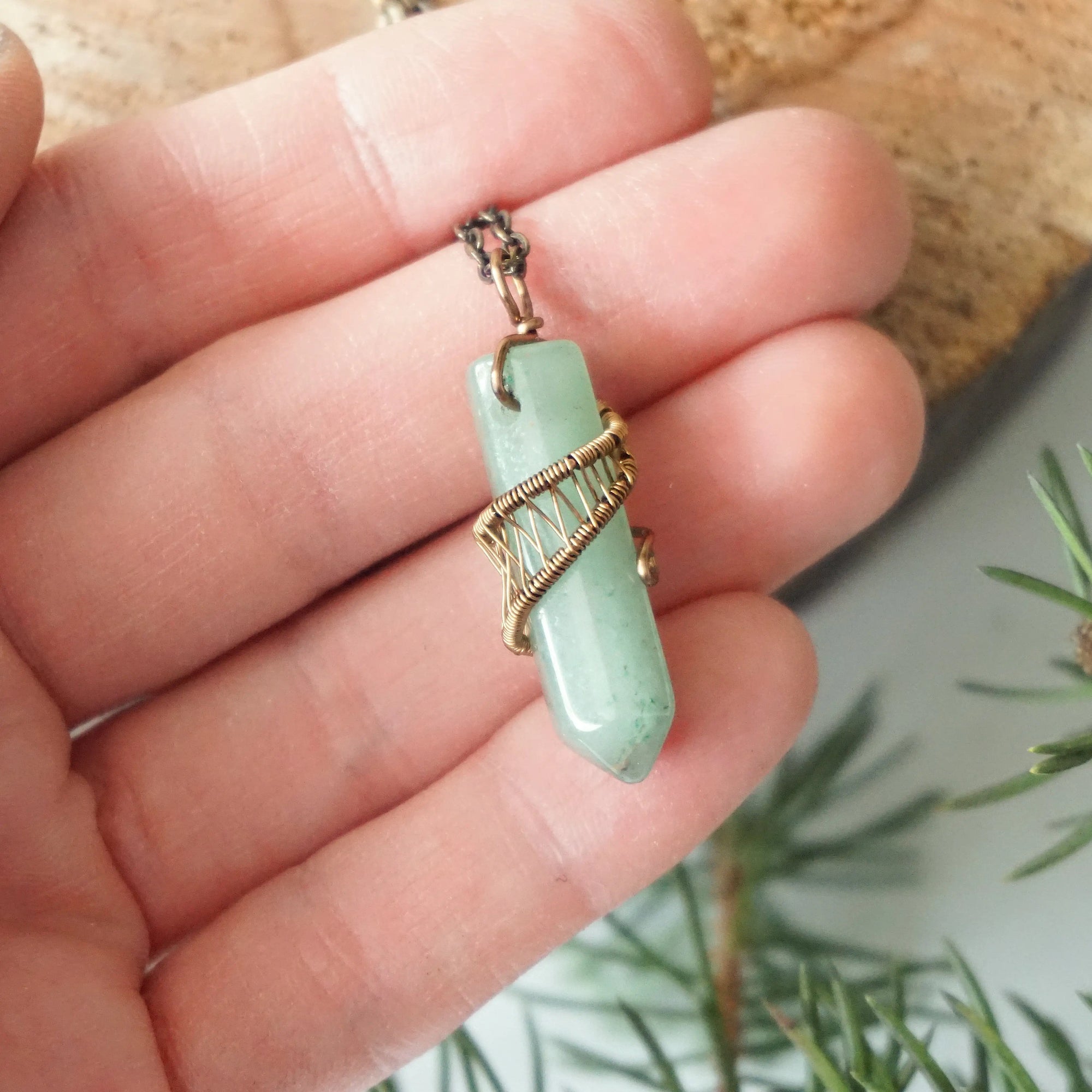 Natural Green Aventurine Antique Bronze Crystal Pendant Necklace Hexagonal Designs by Nature Gems