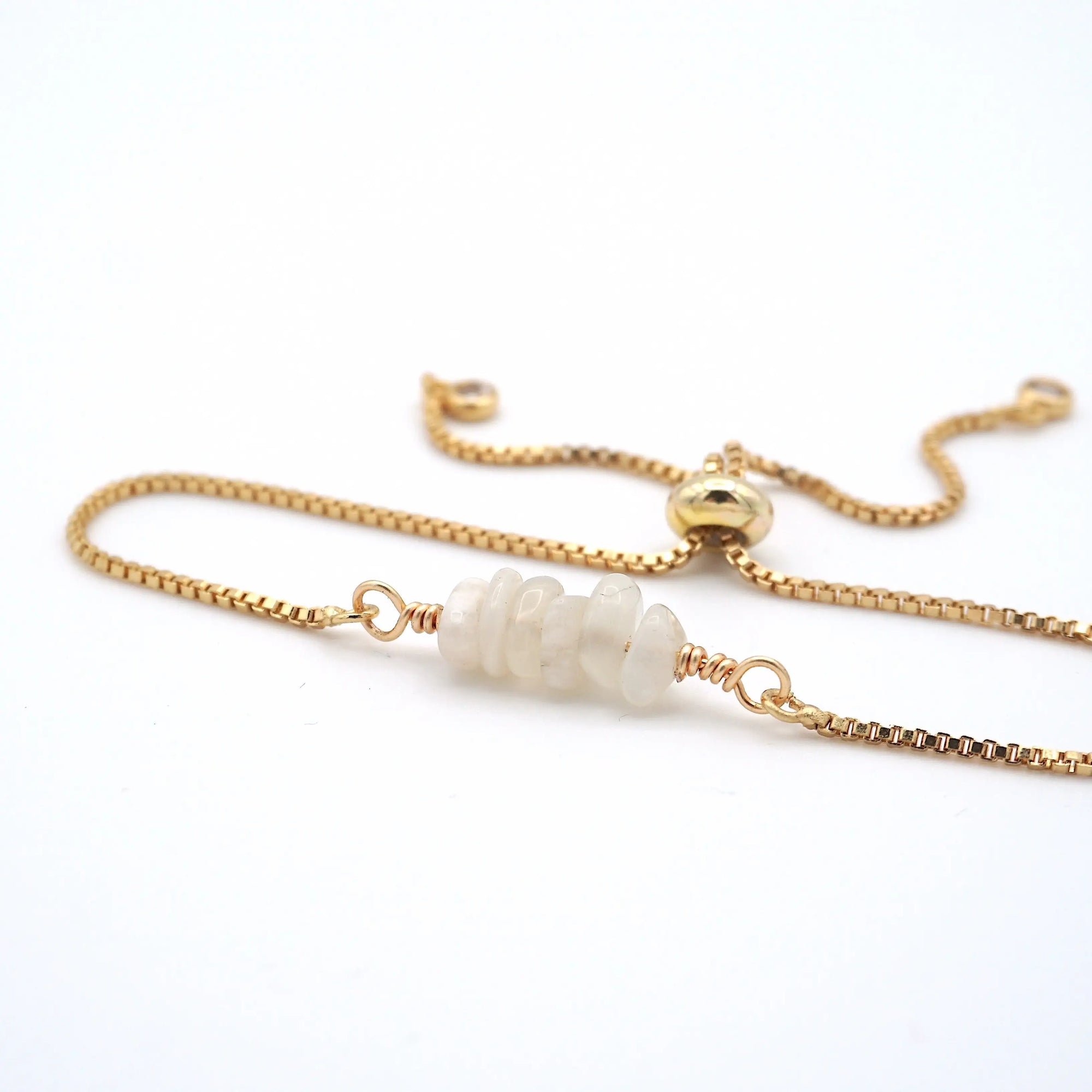 Natural moonstone slider bracelet with raw moonstone crystals on gold plated brass adjustable chain - June birthstone jewelry for women