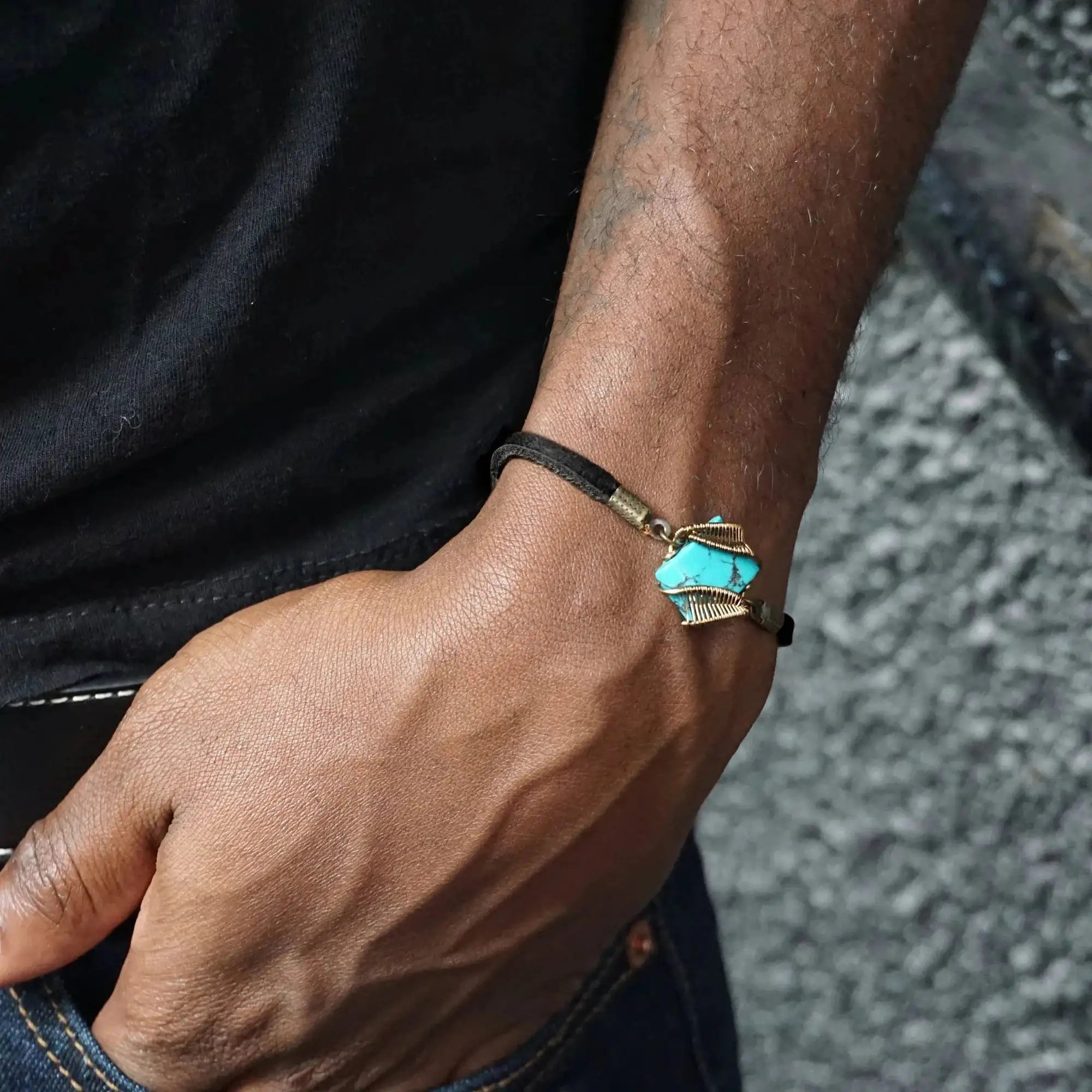 Natural turquoise bracelet on man's wrist, antique bronze wire wrapped unisex leather bracelet, adjustable fit for men