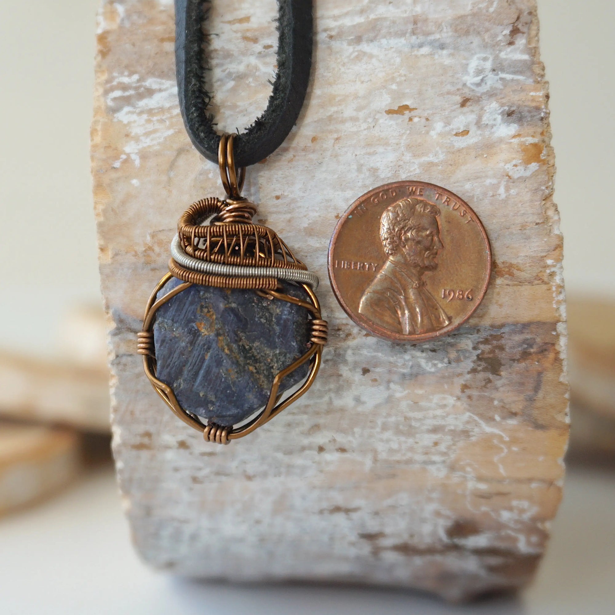 (NEW) Sapphire Antique Bronze and Silver - Necklace with Leather Cord Designs by Nature Gems