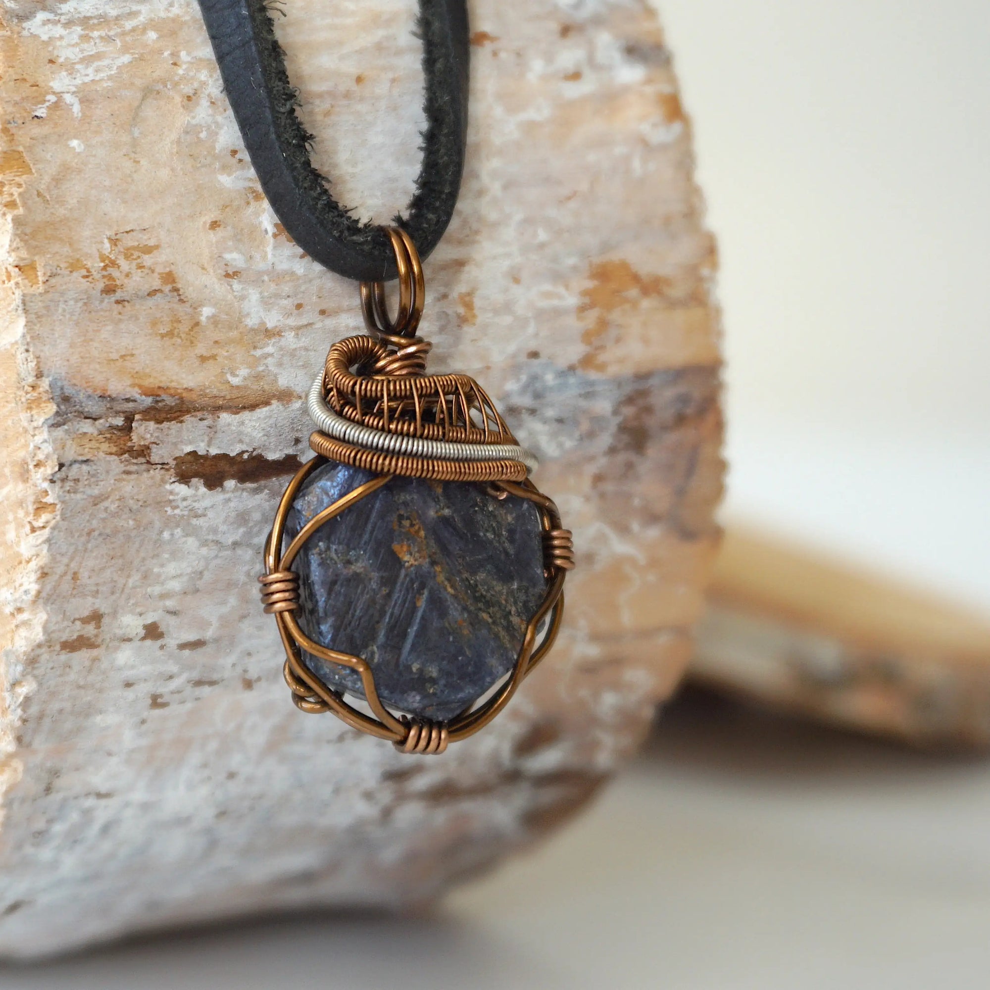 (NEW) Sapphire Antique Bronze and Silver - Necklace with Leather Cord Designs by Nature Gems