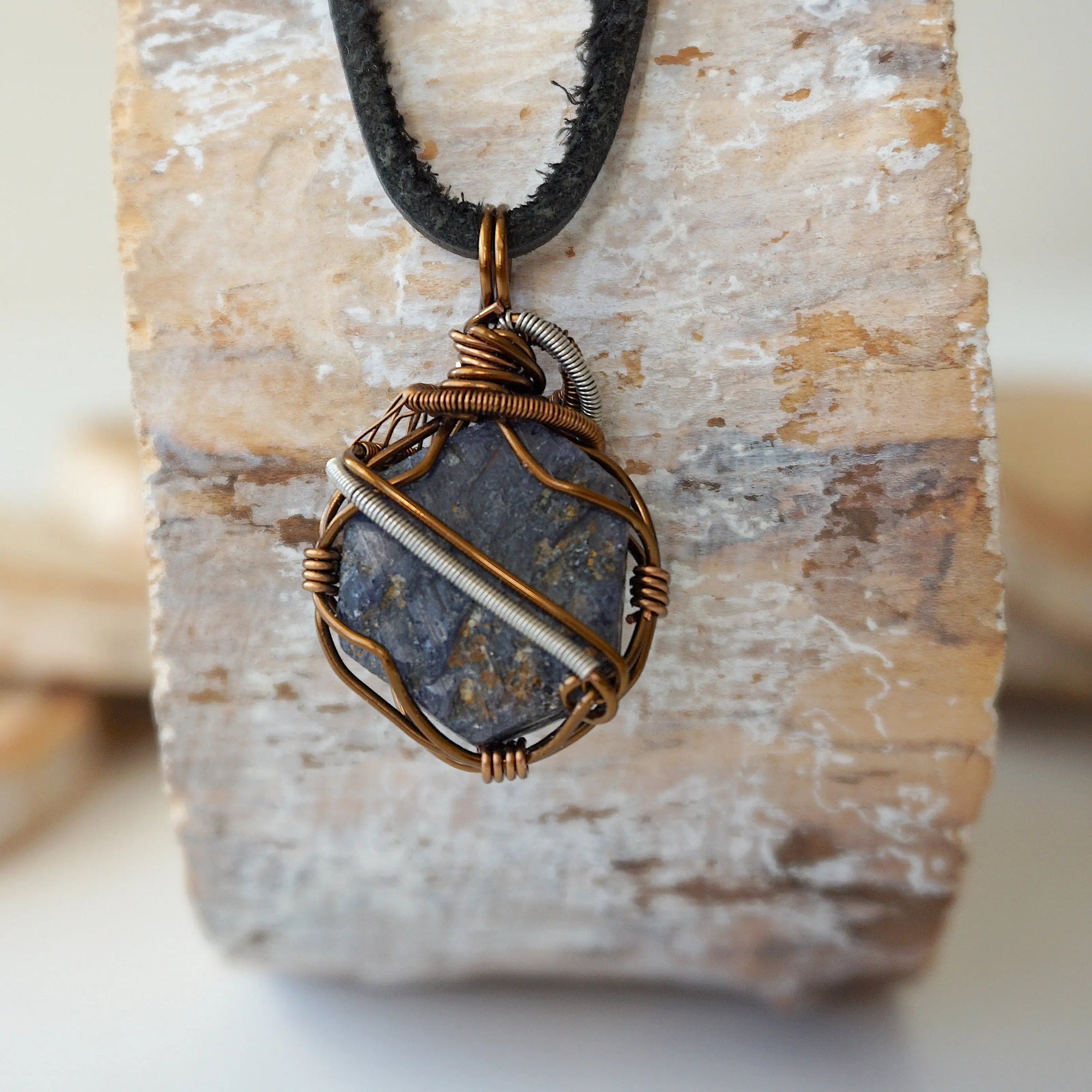 (NEW) Sapphire Antique Bronze and Silver - Necklace with Leather Cord Designs by Nature Gems