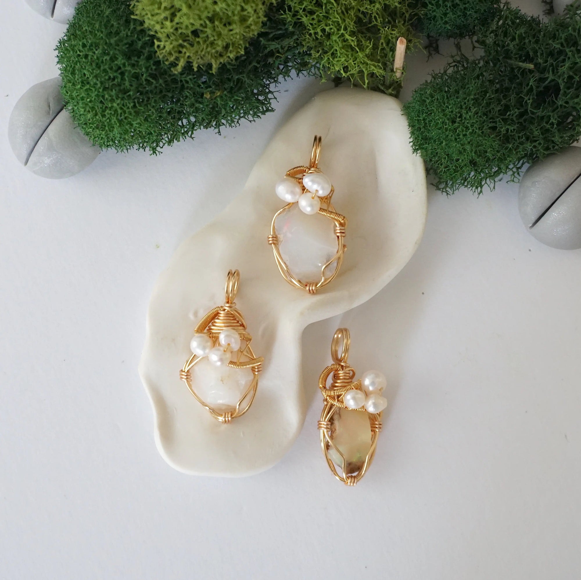 Three different opal and freshwater pearl pendants, natural stone variation reference, handmade jewelry