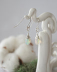 Side view of opal sterling silver drop earrings showing wire wrapped natural faceted opal, artisan craftsmanship, on a display – Designs by Nature Gems