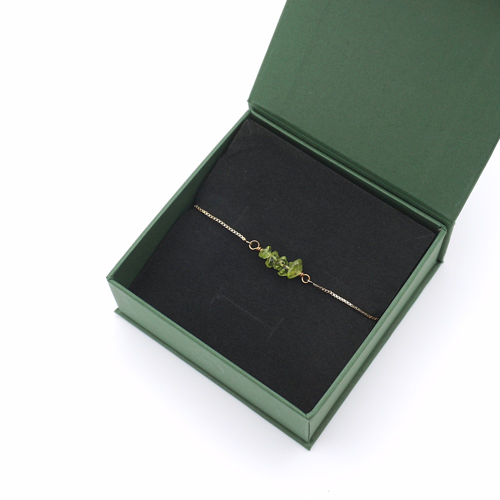Natural peridot slider bracelet in elegant gift box, ready to give August birthday present for her