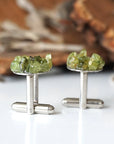 Side angle of peridot cufflinks showing T-bar toggle hardware — white gold finish over copper, genuine raw peridot cluster face, handcrafted men's August birthstone jewelry