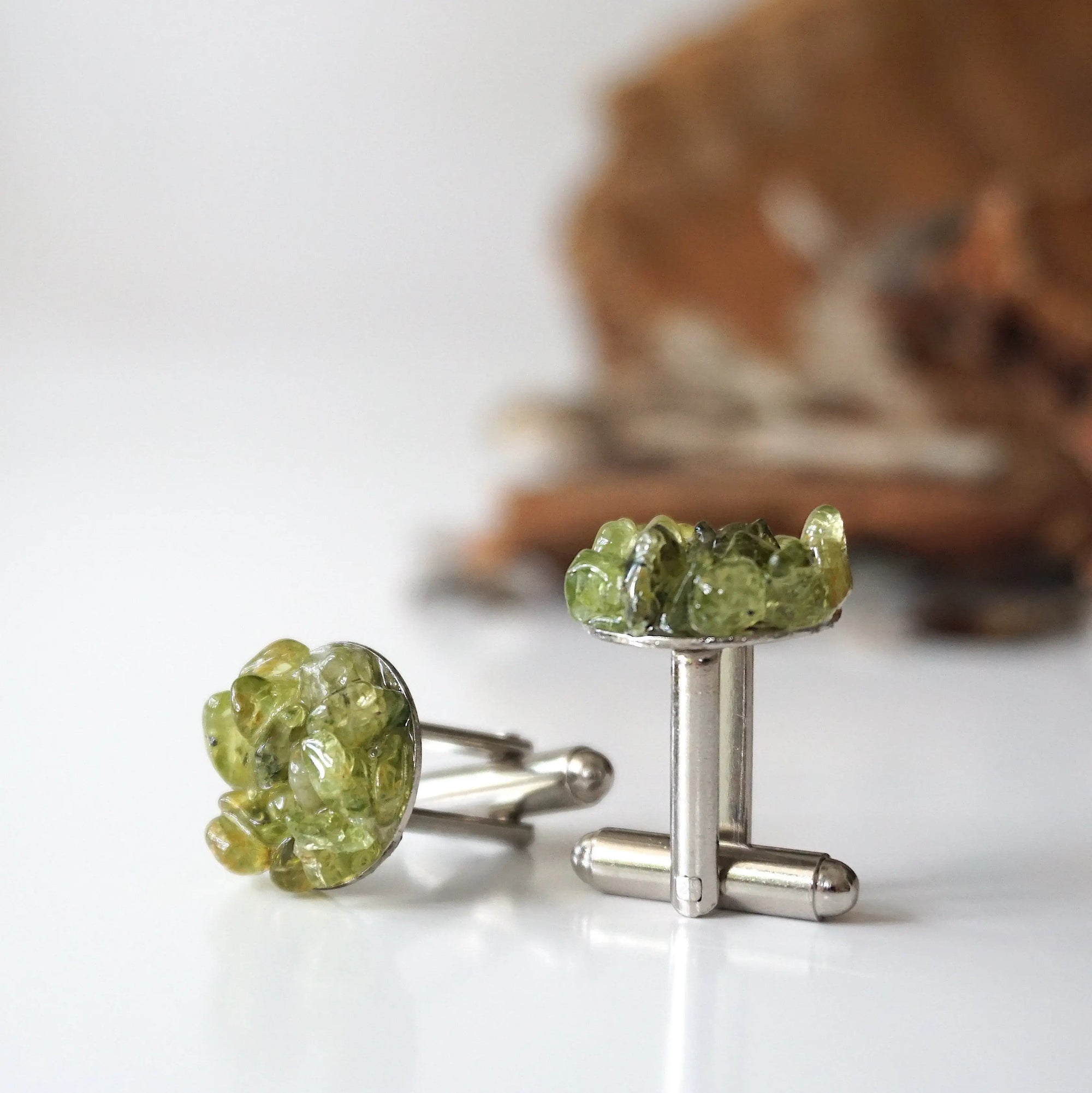 Peridot cufflinks for men in white gold finish — cluster of genuine olive green raw peridot stones on T-bar toggle cufflinks, handmade August birthstone gift by Designs by Nature Gems