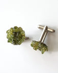 Top view of peridot cufflinks for men — genuine raw peridot stone cluster in white gold finish setting, natural olive green crystal, August birthstone handmade jewelry