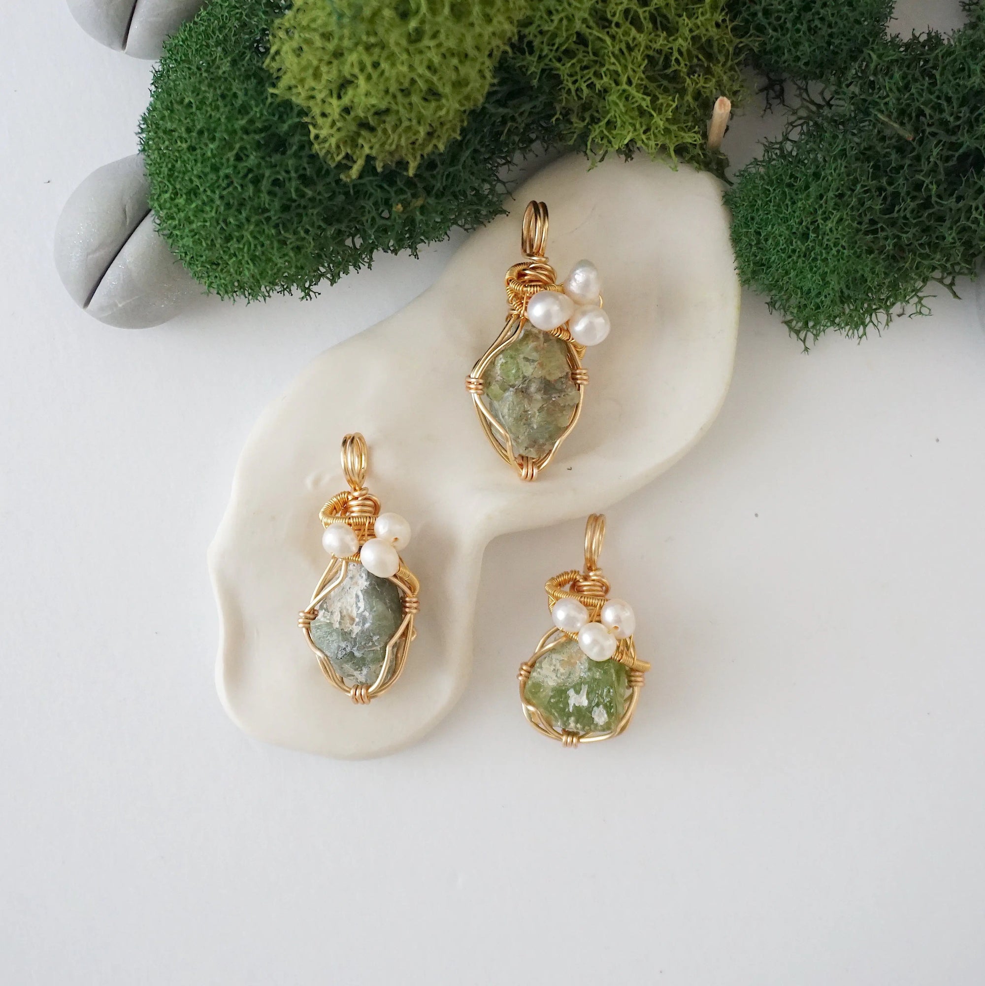Three different peridot and freshwater pearl pendants, natural stone variation reference, handmade jewelry