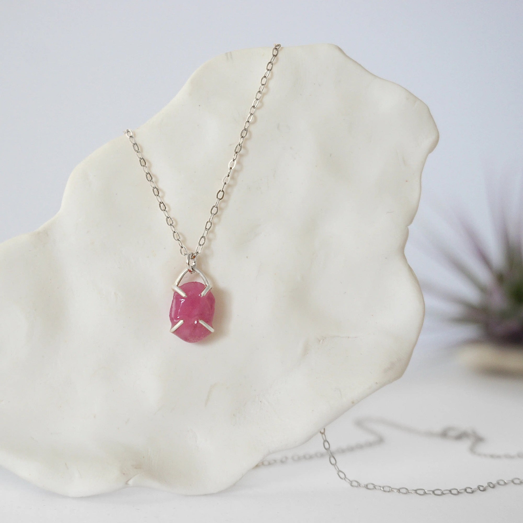 Minimalist pink ruby necklace for women with natural ruby in four-prong 925 sterling silver setting on fine cable chain — handmade by Designs by Nature Gems