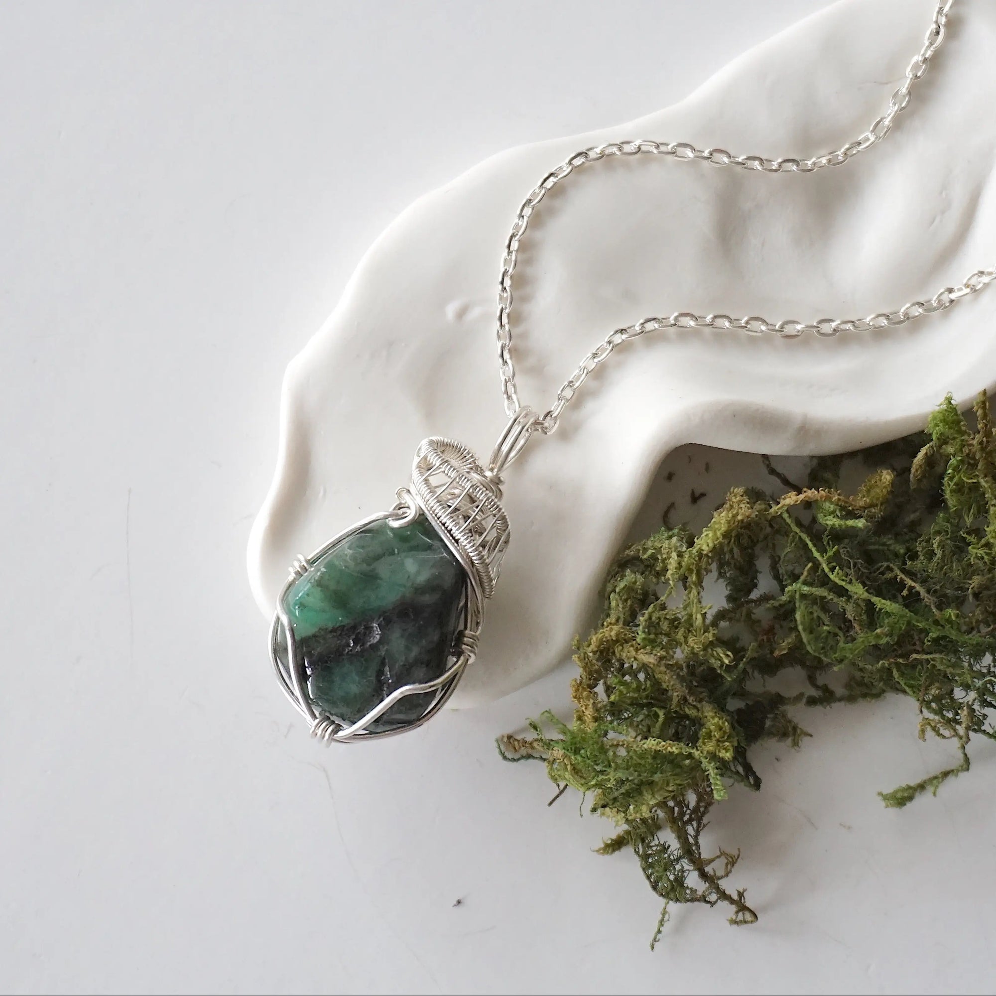Polished raw emerald necklace for women on a 925 sterling silver chain with handcrafted natural emerald pendant