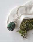 Polished raw emerald necklace for women on a 925 sterling silver chain with handcrafted natural emerald pendant