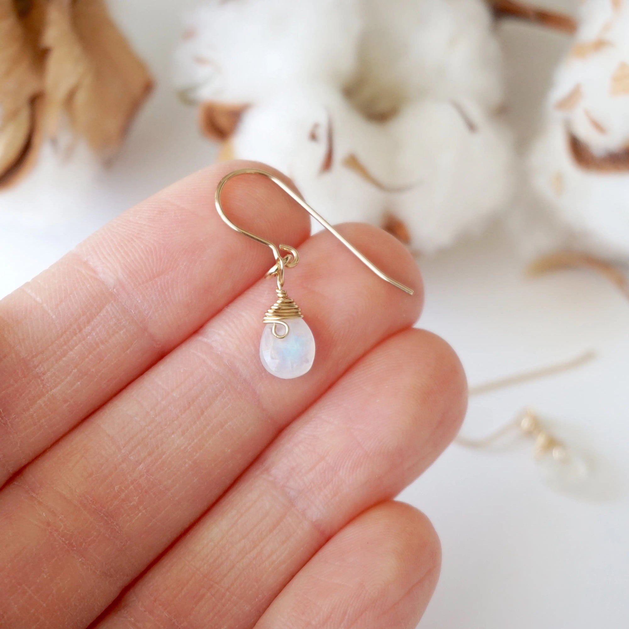 Rainbow moonstone drop earrings in hand for size reference, genuine faceted rainbow moonstone, 14k gold filled
