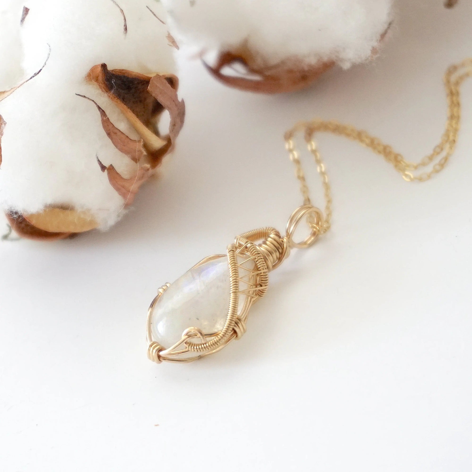 Rainbow moonstone necklace with 14k gold filled chain and handcrafted cabochon pendant for women