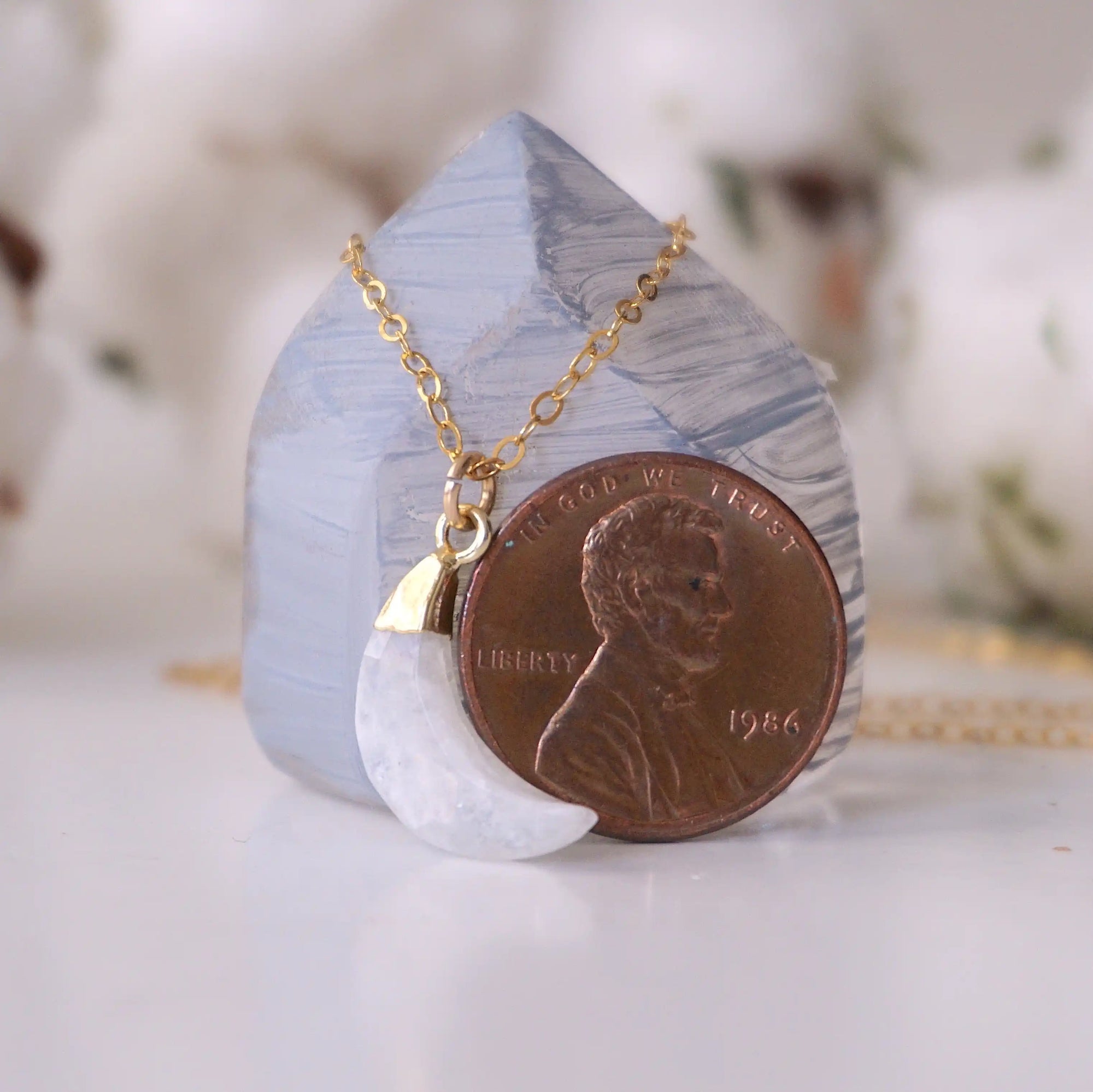 Rainbow Moonstone Necklace - 14K Gold Filled Crescent Moon Charm DesignsbyNatureGems