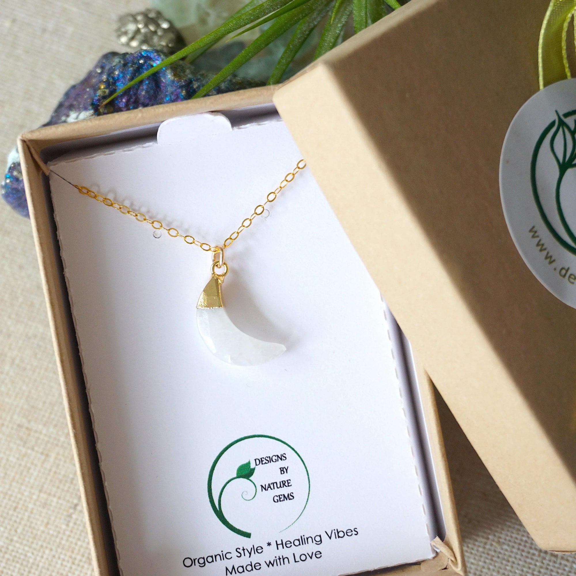 Rainbow Moonstone Necklace - 14K Gold Filled Crescent Moon Charm DesignsbyNatureGems