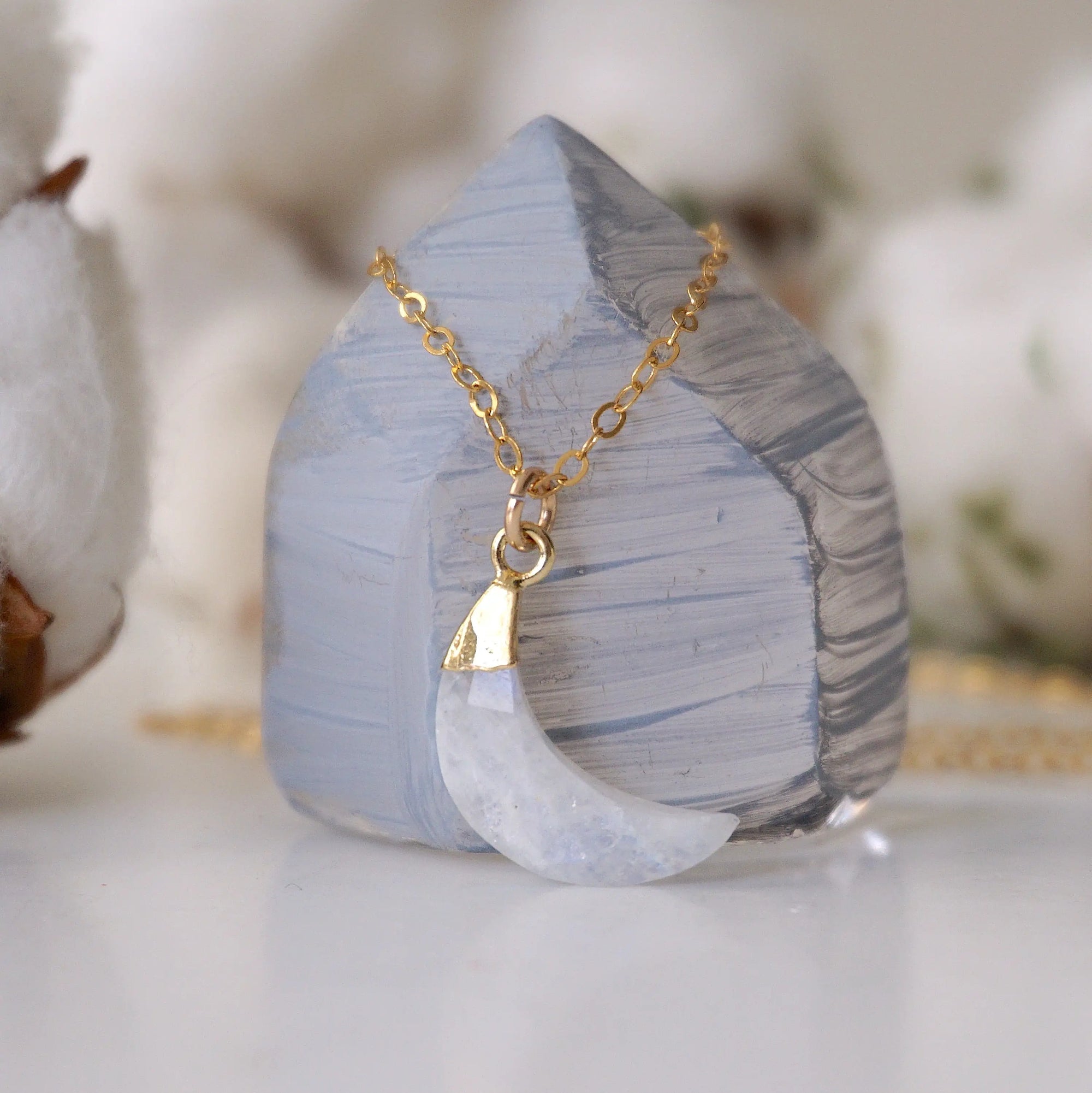 Rainbow Moonstone Necklace - 14K Gold Filled Crescent Moon Charm DesignsbyNatureGems