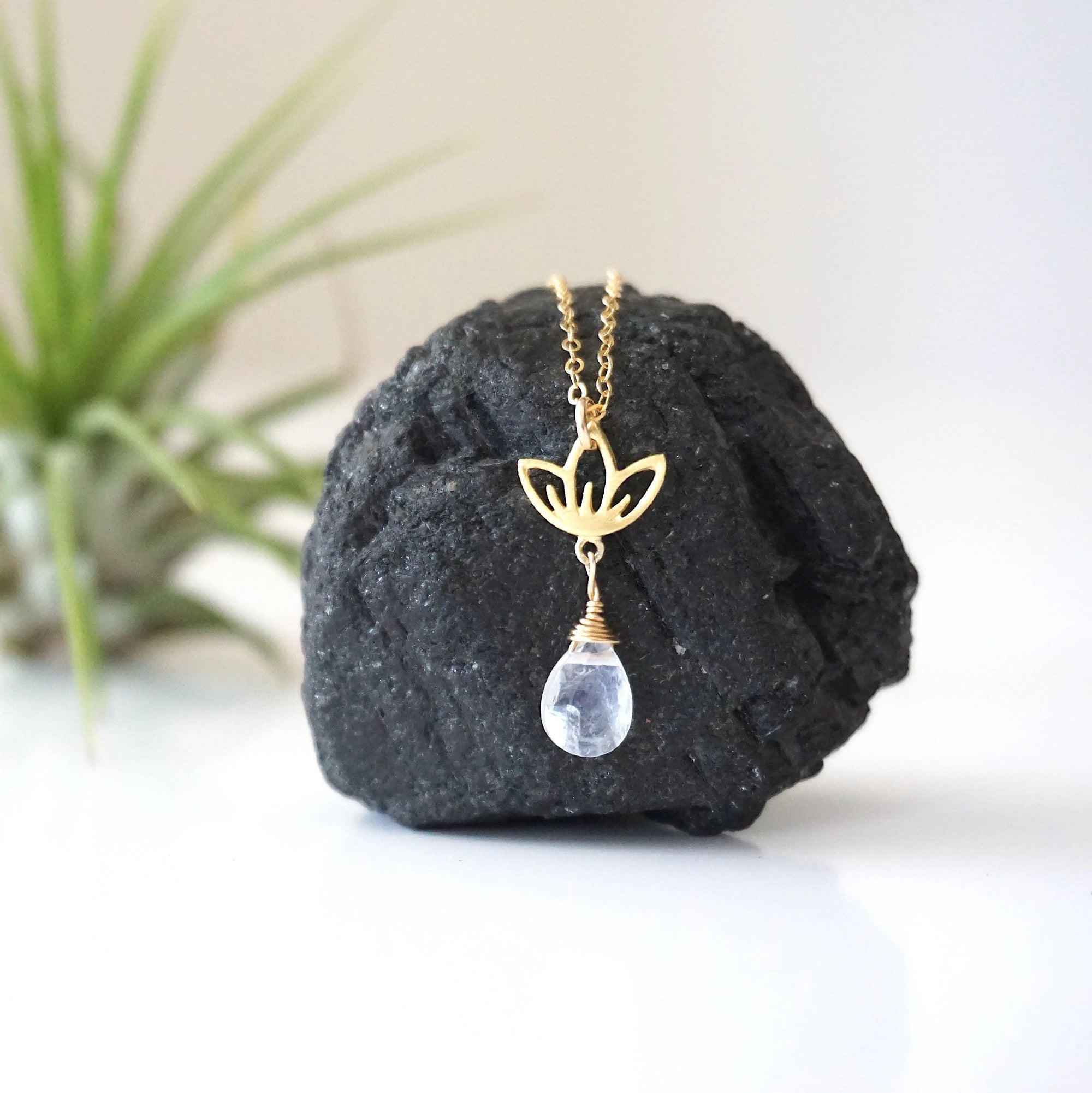 Rainbow Moonstone Necklace - 14K Gold-Filled Lotus Pendant DesignsbyNatureGems