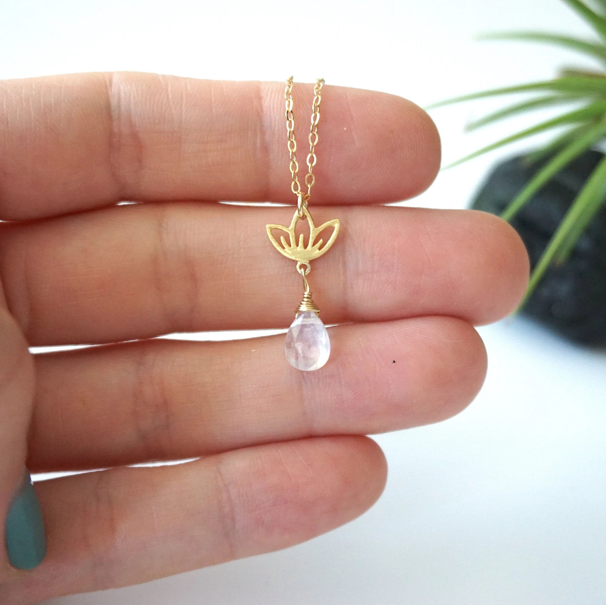 Rainbow Moonstone Necklace - 14K Gold-Filled Lotus Pendant DesignsbyNatureGems