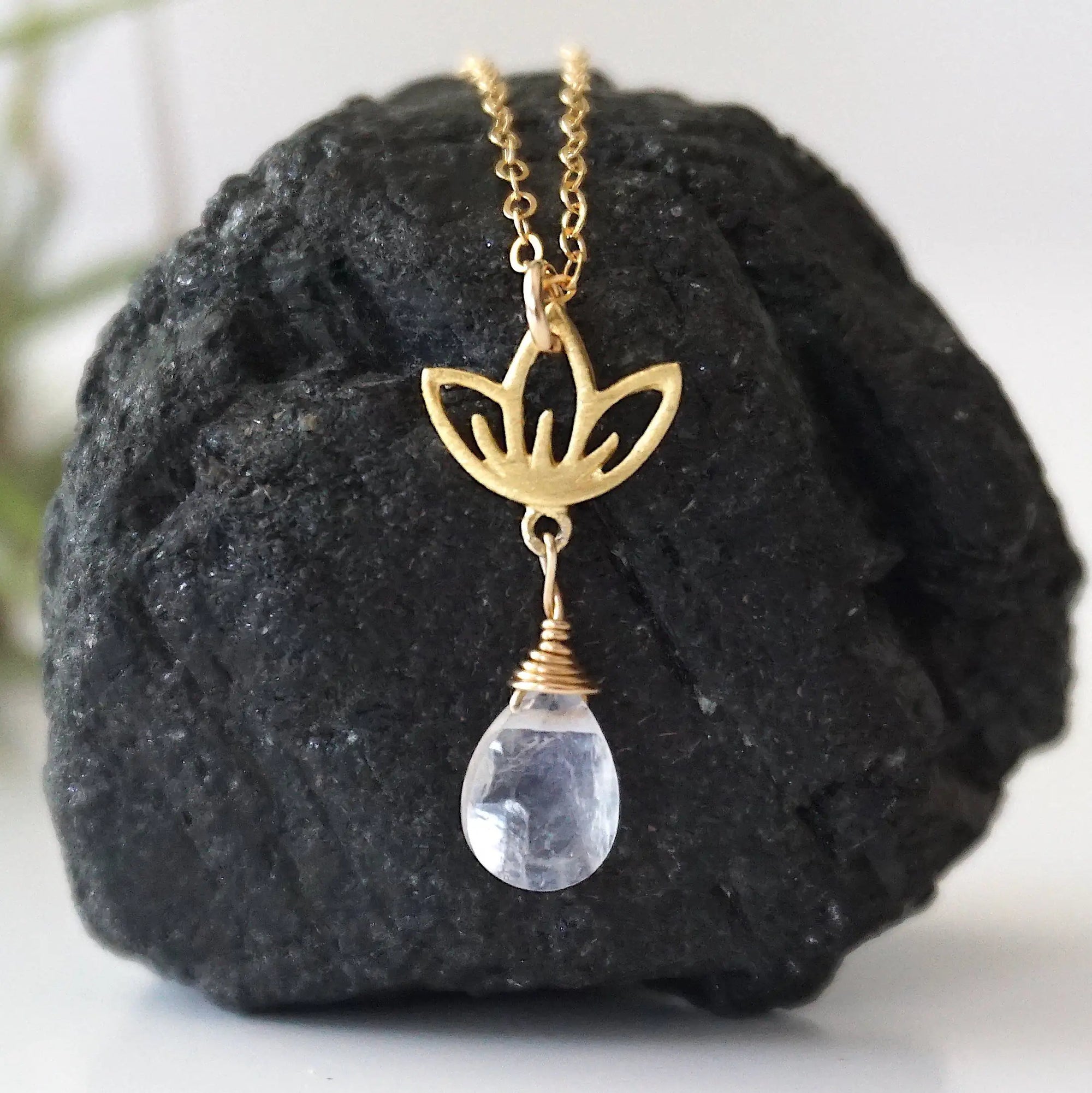 Rainbow Moonstone Necklace - 14K Gold-Filled Lotus Pendant DesignsbyNatureGems