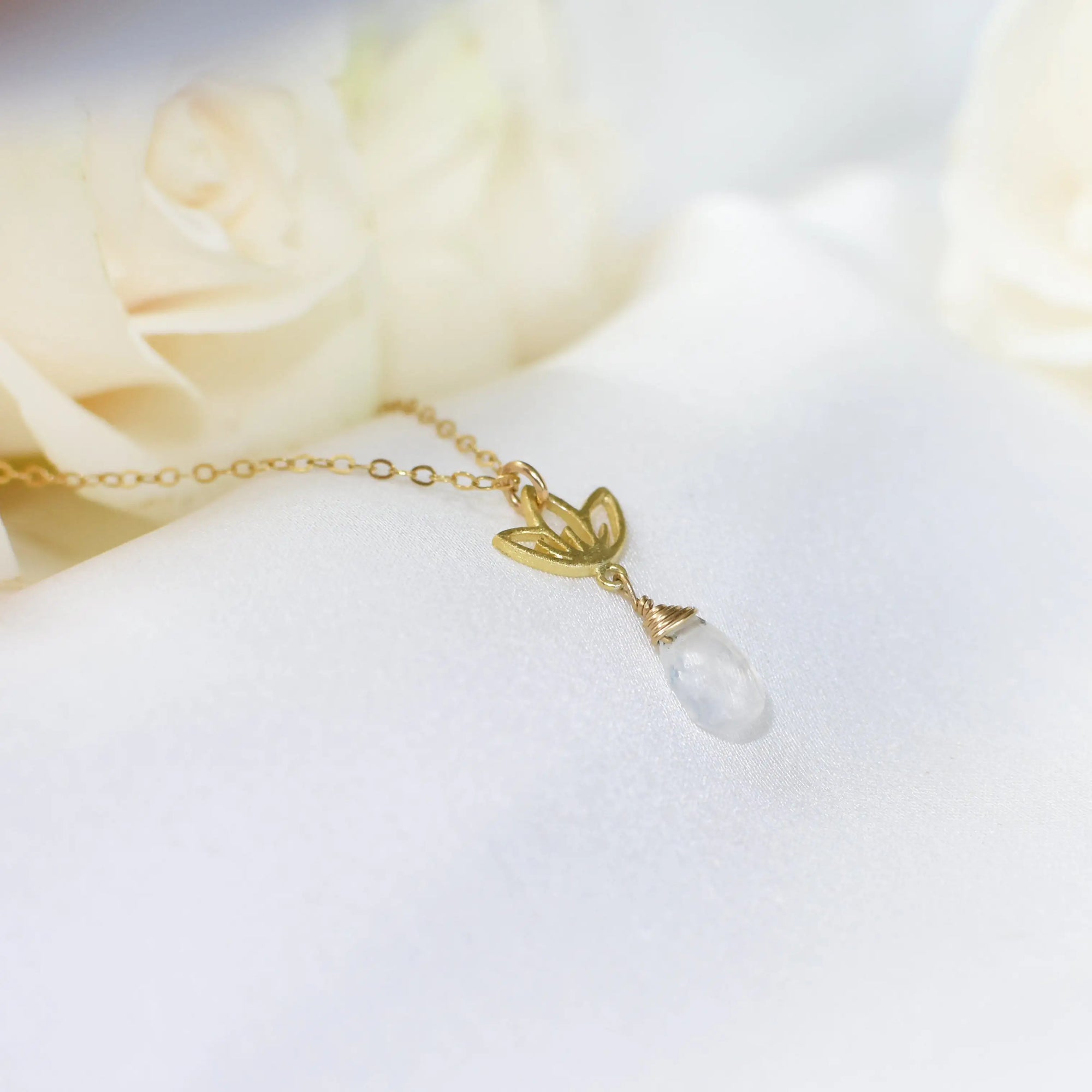 Rainbow Moonstone Necklace - 14K Gold-Filled Lotus Pendant DesignsbyNatureGems