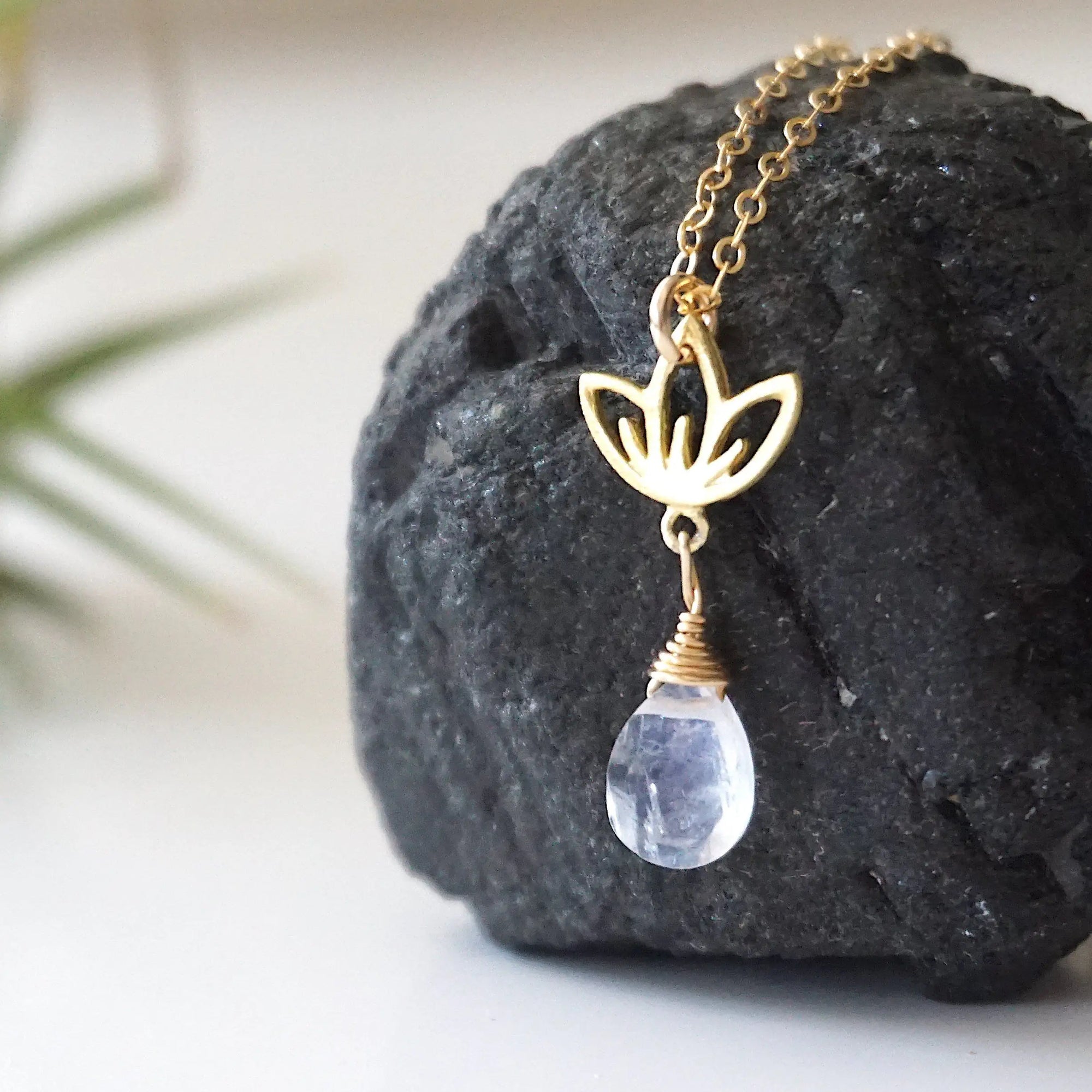 Rainbow Moonstone Necklace - 14K Gold-Filled Lotus Pendant DesignsbyNatureGems