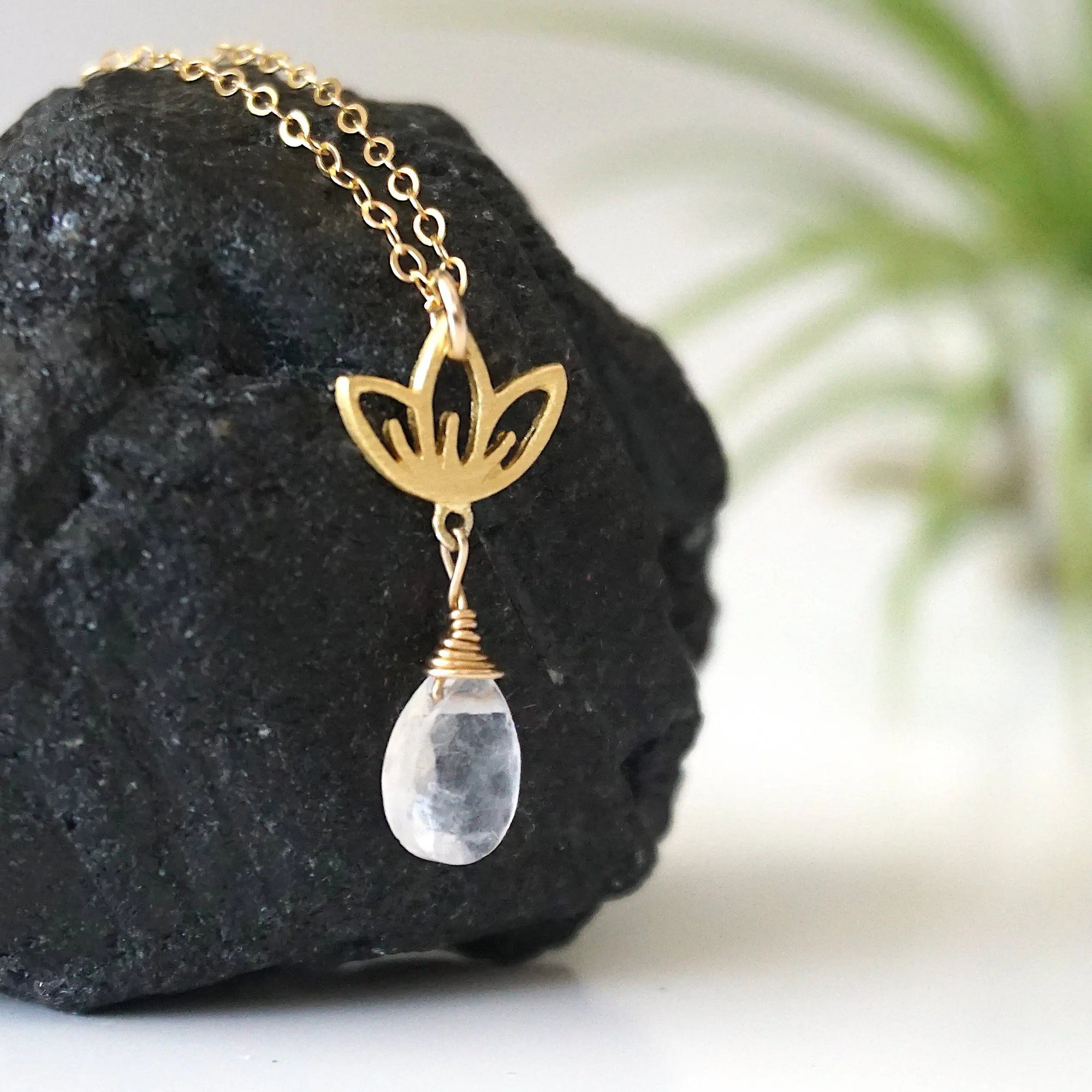 Rainbow Moonstone Necklace - 14K Gold-Filled Lotus Pendant DesignsbyNatureGems