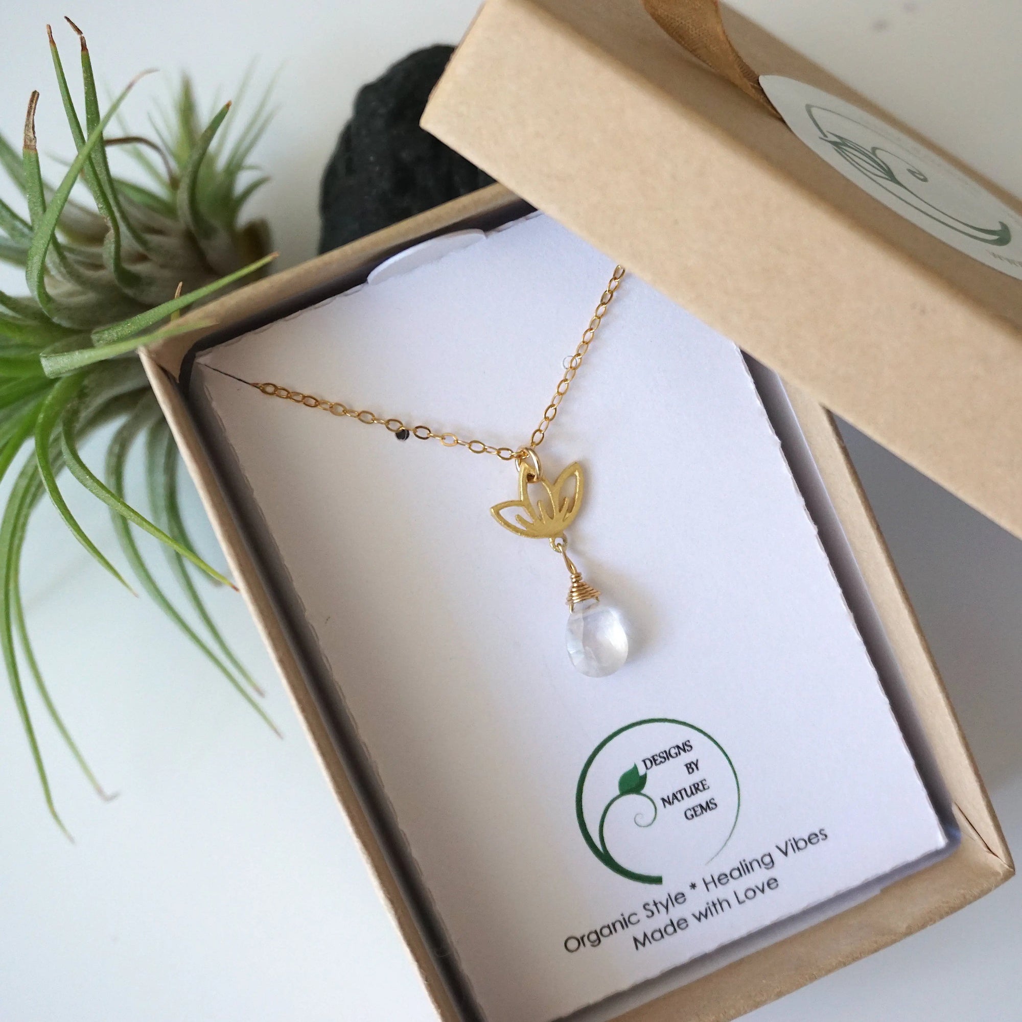 Rainbow Moonstone Necklace - 14K Gold-Filled Lotus Pendant DesignsbyNatureGems