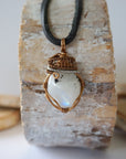 Rainbow moonstone necklace for men with antique bronze and dark silver wire wrapped June birthstone pendant on black leather cord