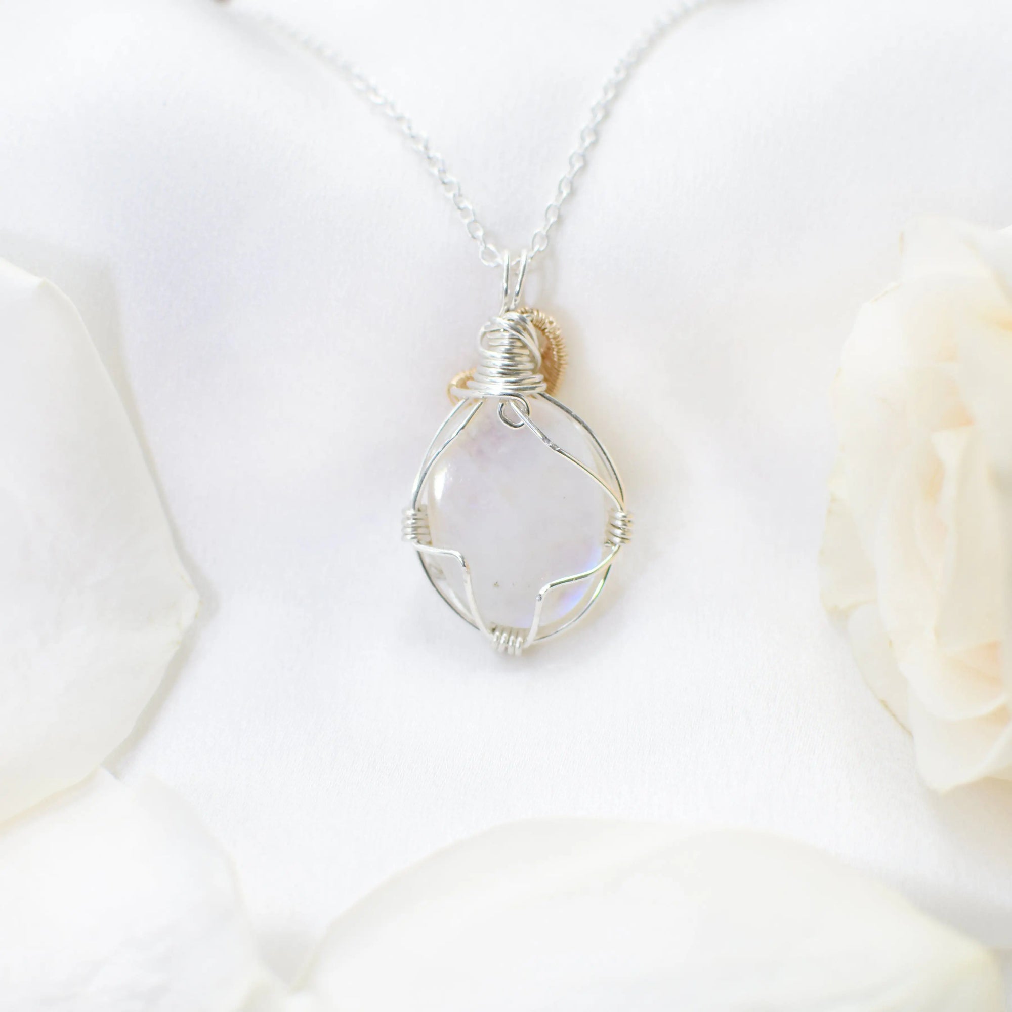 Back view of artisan wire wrapped rainbow moonstone cabochon pendant in sterling silver and 14k gold filled.