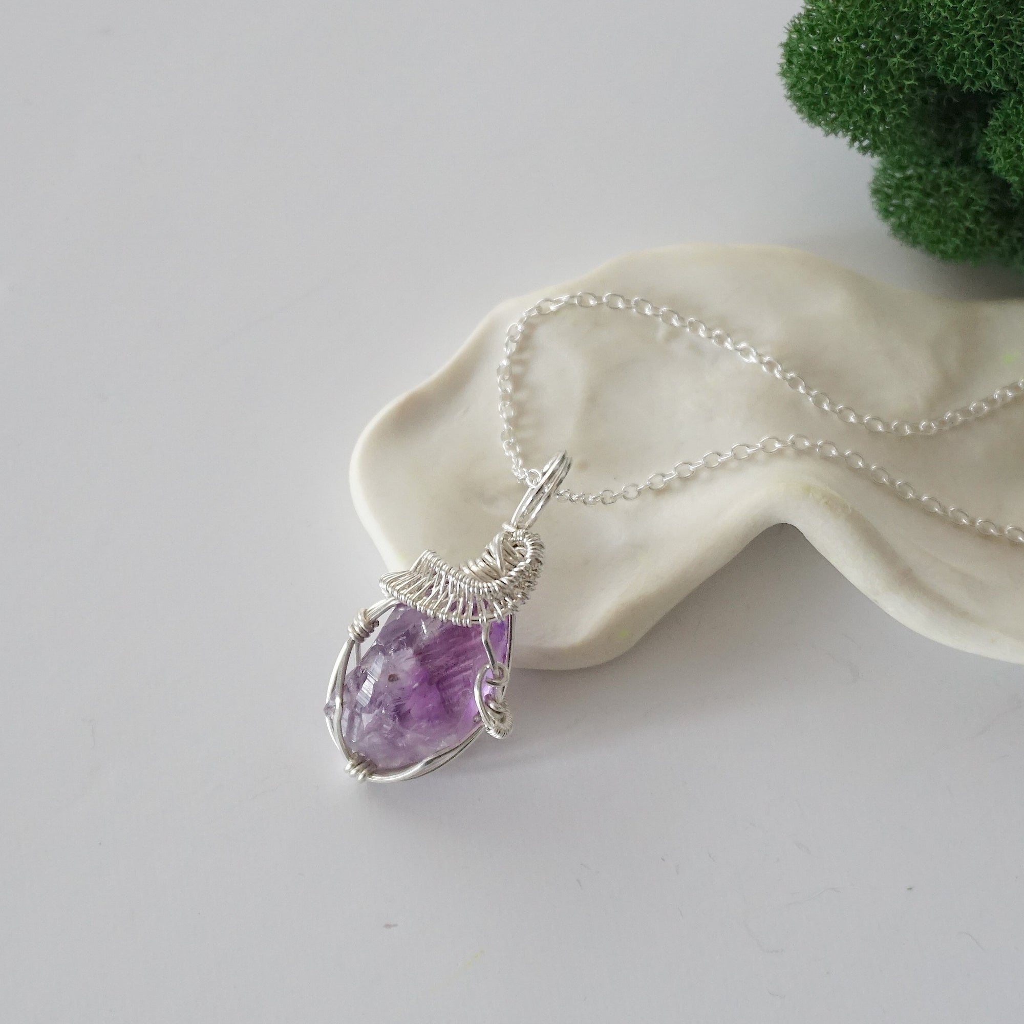  Raw amethyst necklace with 925 sterling silver wire wrapped pendant on silver chain