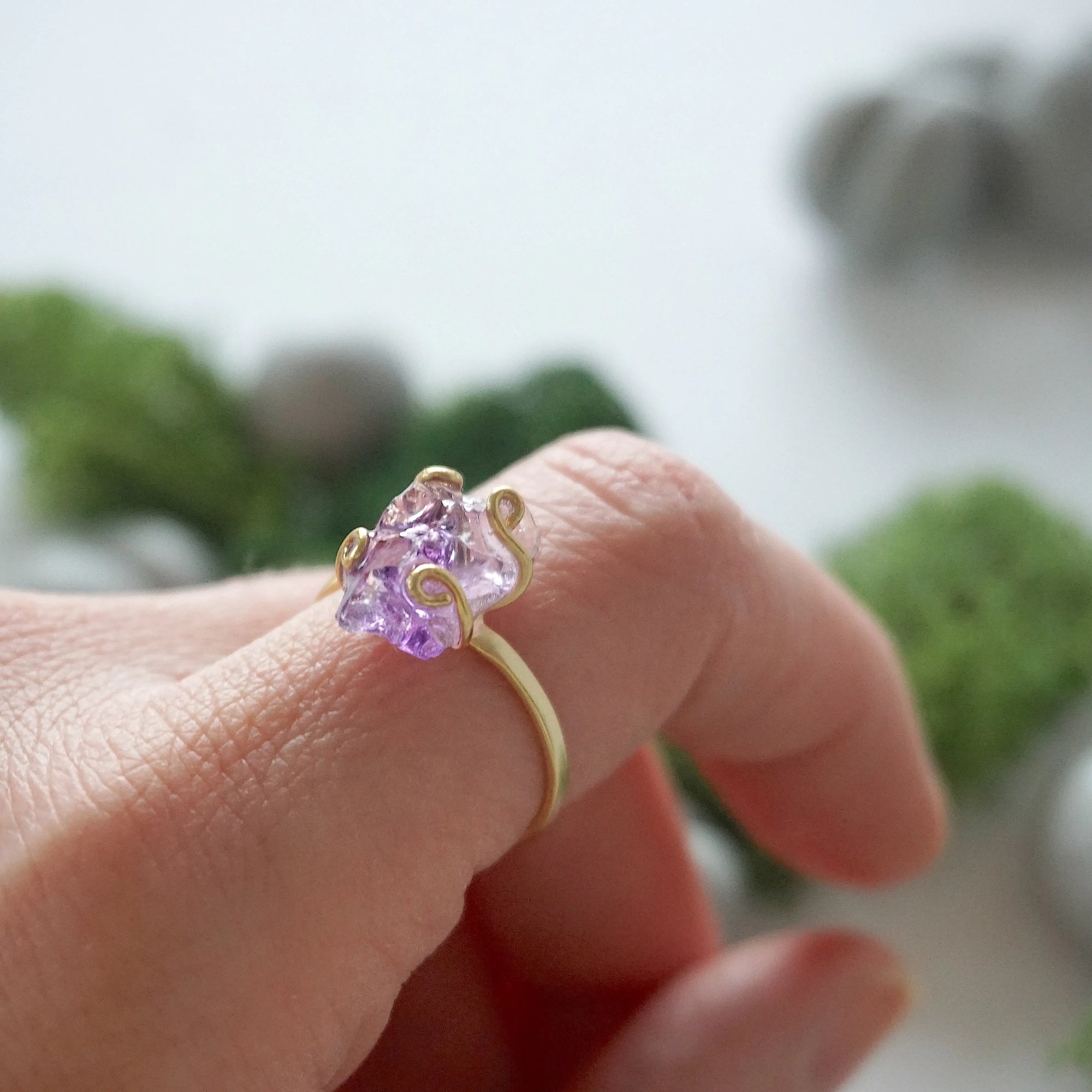 Adjustable raw amethyst ring in 14k gold vermeil, February birthstone crystal ring on model hand