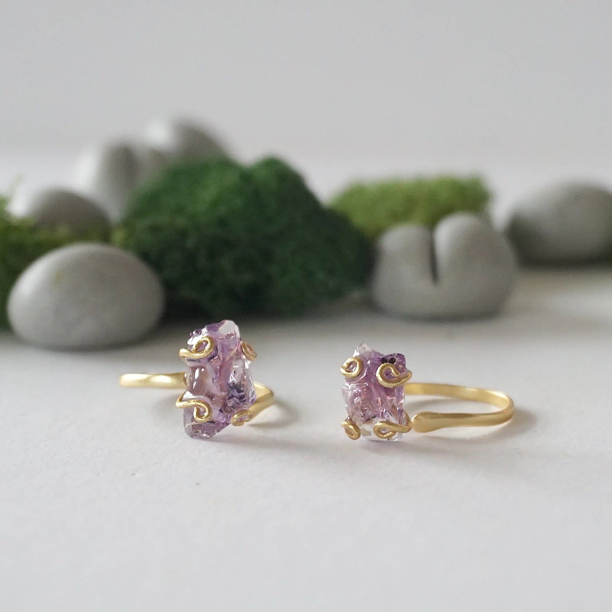  Two raw amethyst rings in 14k gold vermeil showing natural variation in crystal color, shape, and size