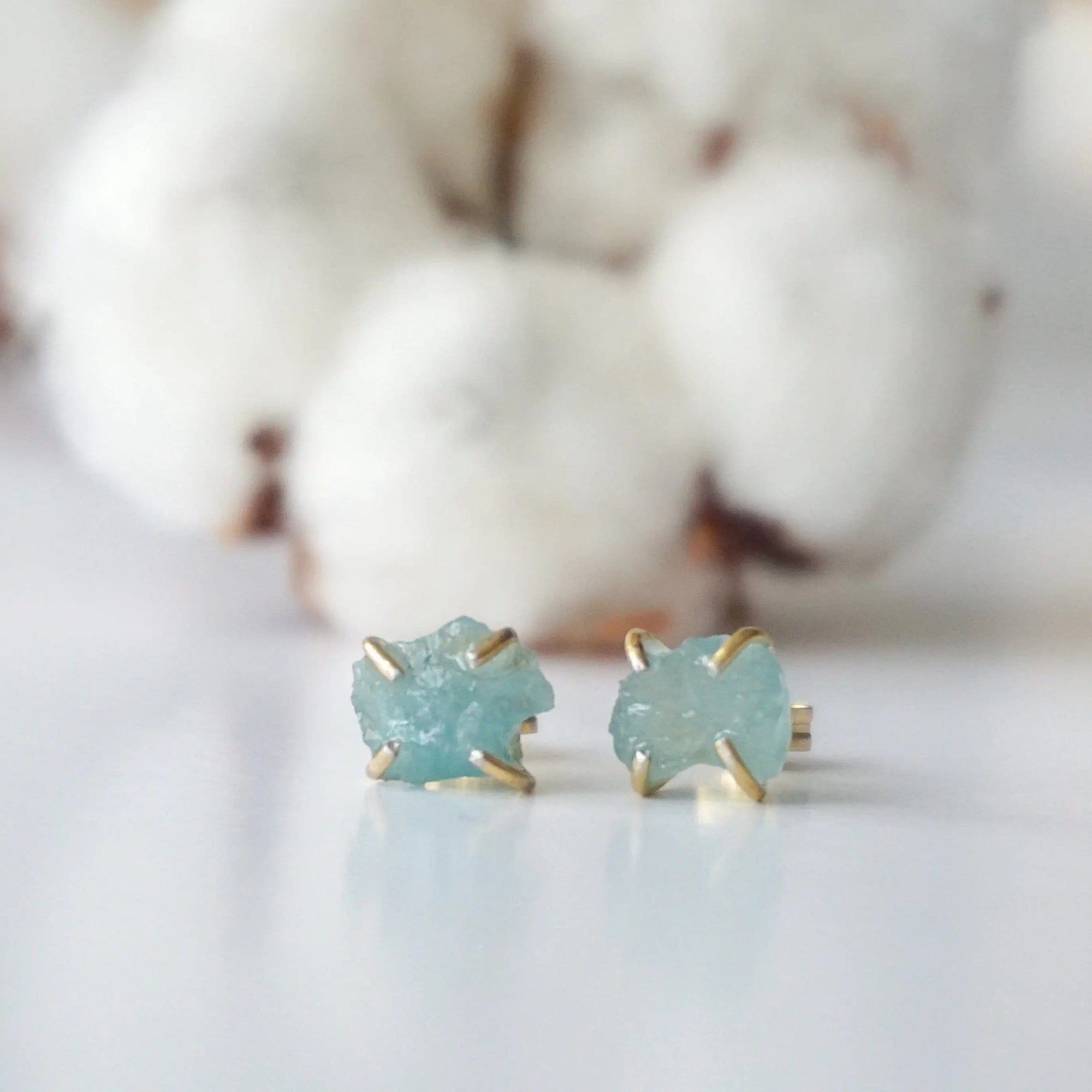 Raw aquamarine stud earrings, detailed front angle, genuine gemstone in 14k gold vermeil prong setting, Designs by Nature Gems
