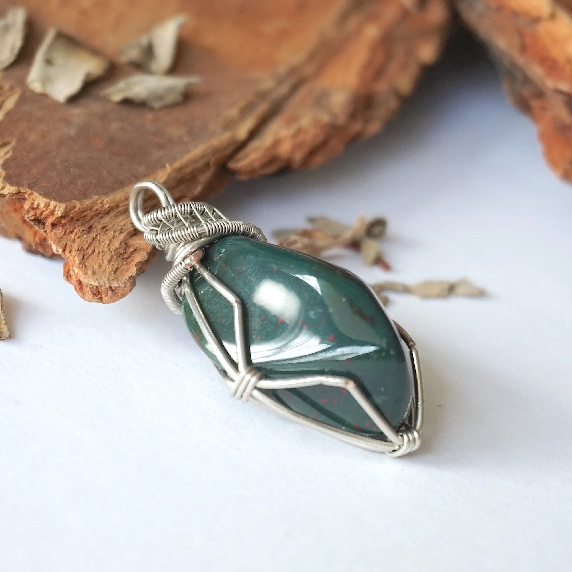 Raw Bloodstone Necklace - March Birthstone Pendant - White Gold Plated Brass DesignsbyNatureGems