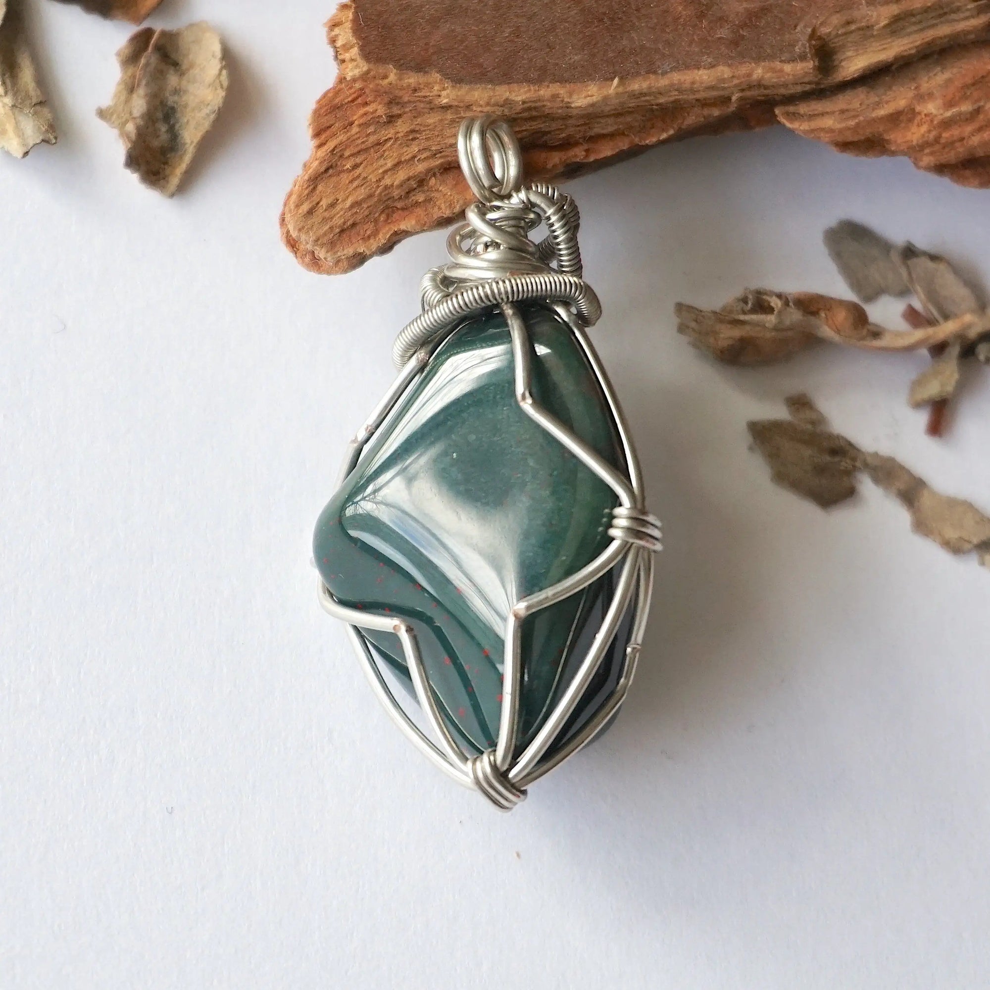 Raw Bloodstone Necklace - March Birthstone Pendant - White Gold Plated Brass DesignsbyNatureGems