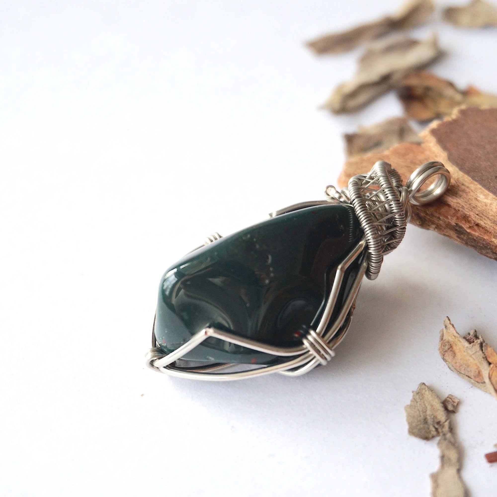 Raw Bloodstone Necklace - March Birthstone Pendant - White Gold Plated Brass DesignsbyNatureGems