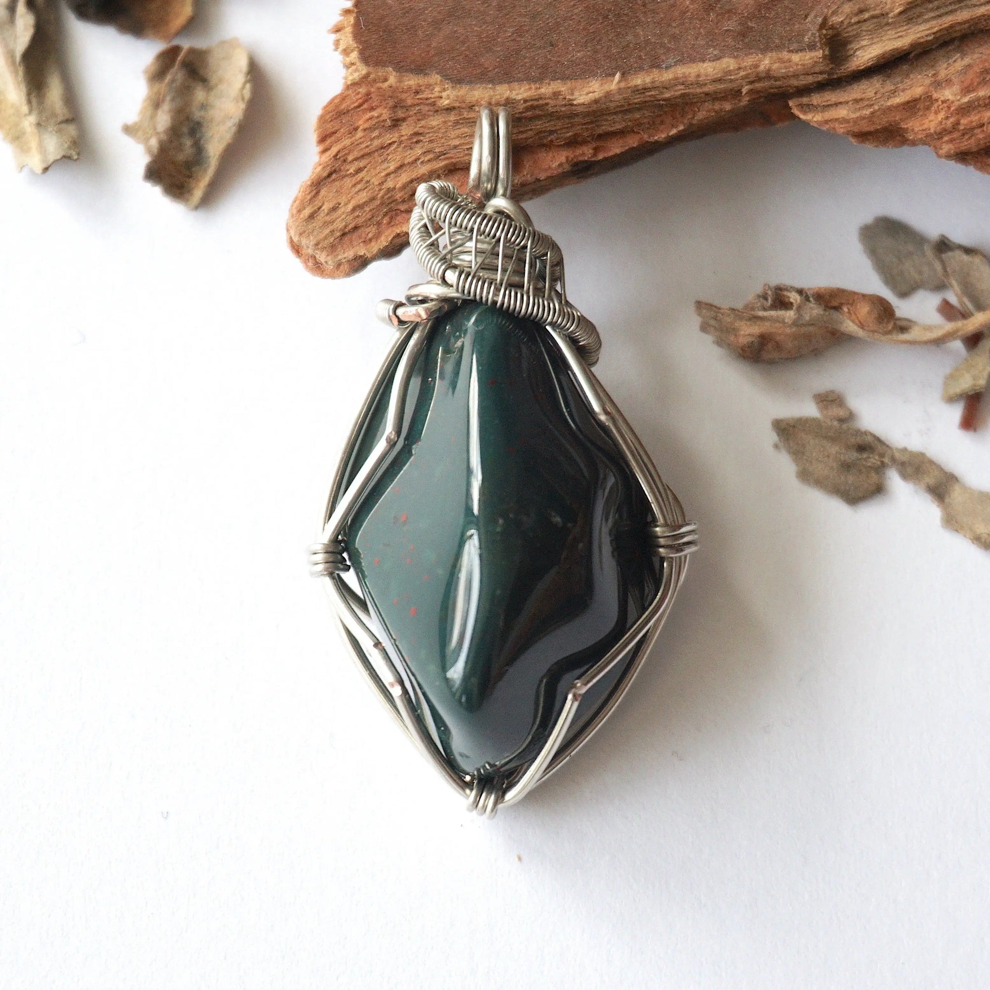 Raw Bloodstone Necklace - March Birthstone Pendant - White Gold Plated Brass DesignsbyNatureGems